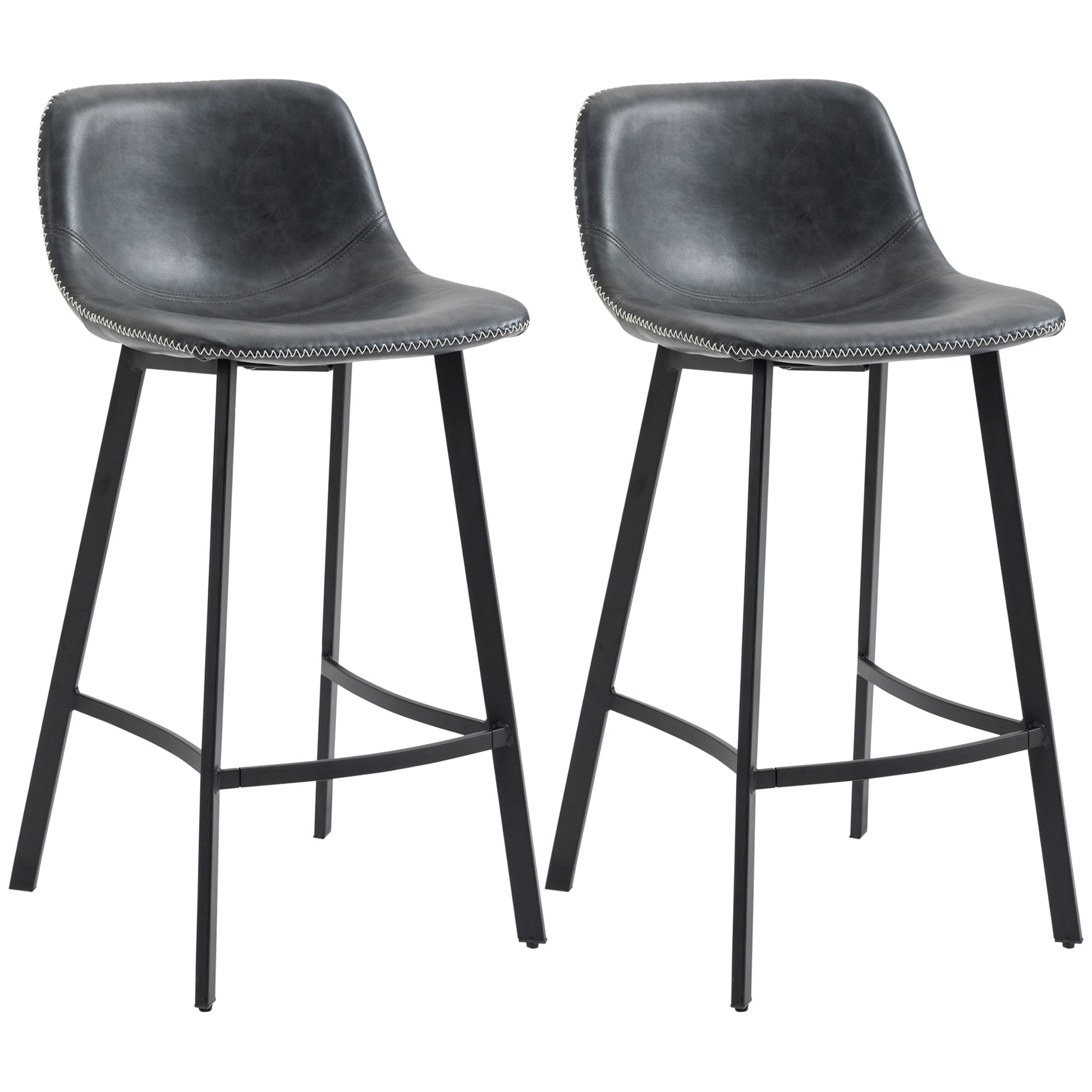 Homcom 27.25" Counter Height Bar Stools, Industrial Kitchen Stools, Upholstered Armless Bar Chairs With Back, Steel Legs, Set Of 2, Black Black Steel