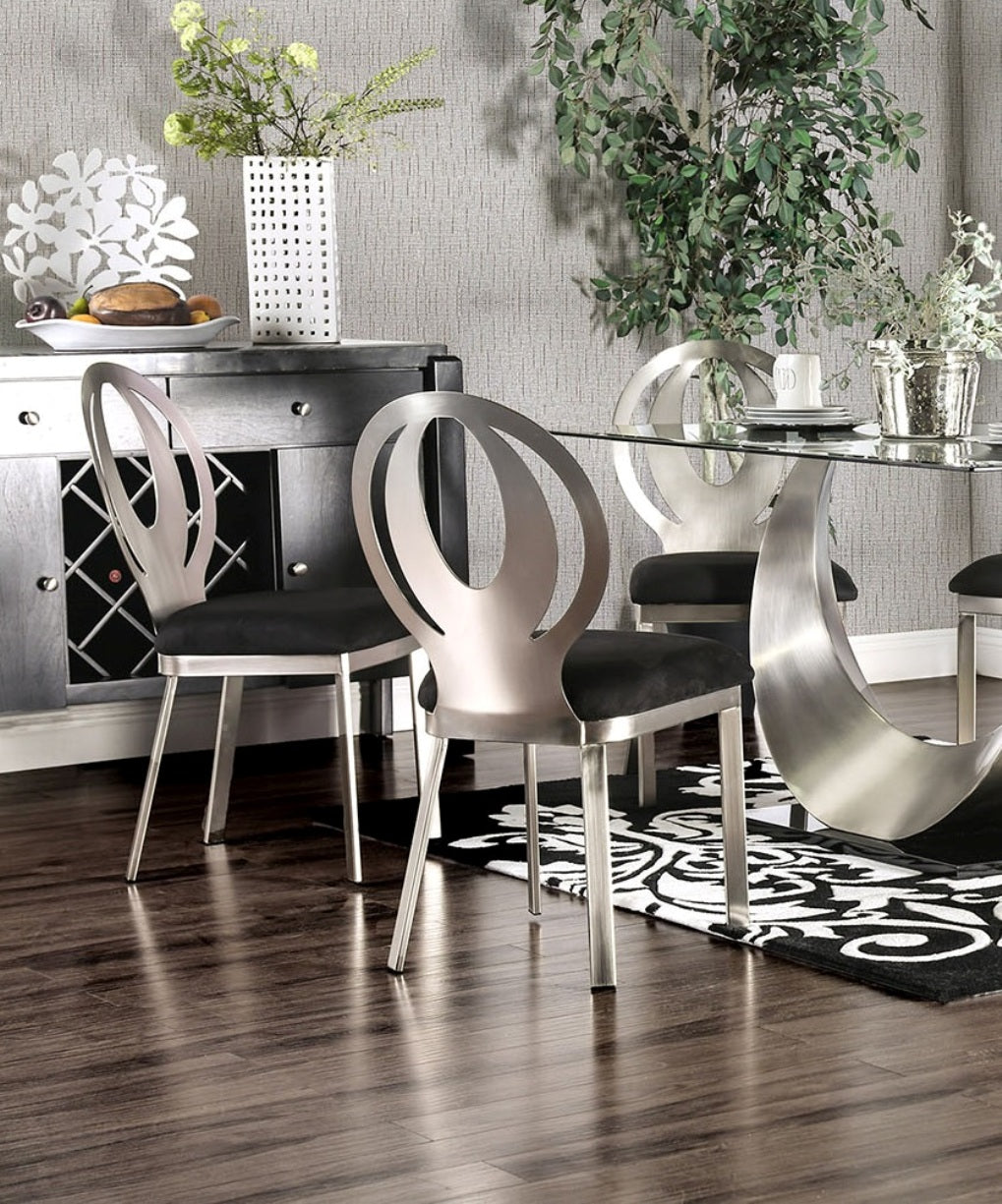 Contemporary Style Silver Metal Frame 2Pc Dining Chairs Black Microfiber Seat Cushion Dining Room Oval Back Design Chair Metal Black,Silver Dining Room Powder Coated Contemporary,Modern Side Chair Set Of 2 Metal,Microfiber