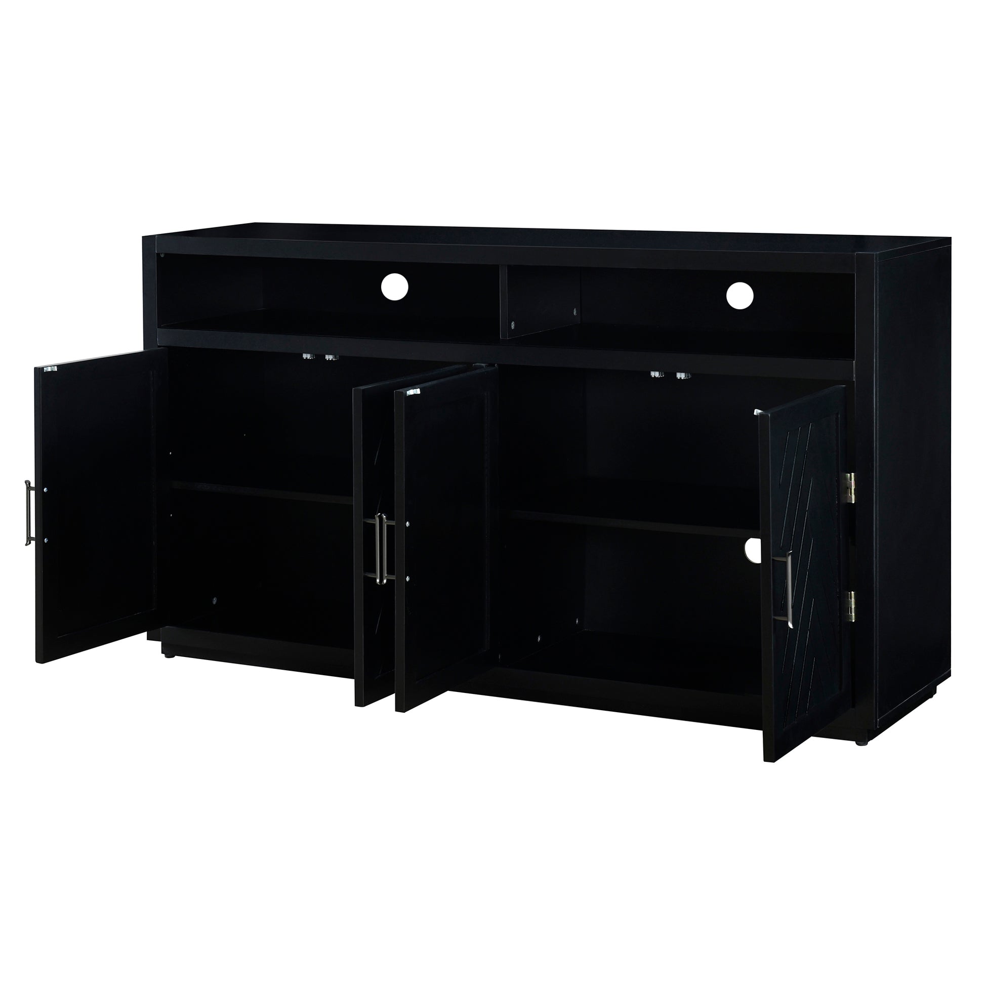 4 Door Classic Sideboard With Open Storage And Adjustable Shelves Perfect For Kitchens, Living Rooms Black Black Mdf