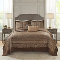 5 Piece Reversible Jacquard Bedspread Set Brown Gold Queen Queen Brown Gold Microfiber