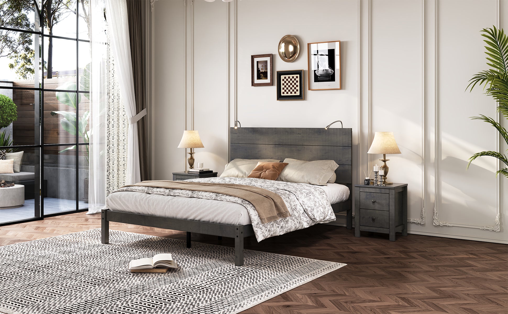 3 Pieces Bedroom Sets, Queen Size Farmhouse Platform Bed With Two Bedside Lights, 2 Drawer Nightstand, Antique Gray Queen Antique Gray 3 Piece Set Wood