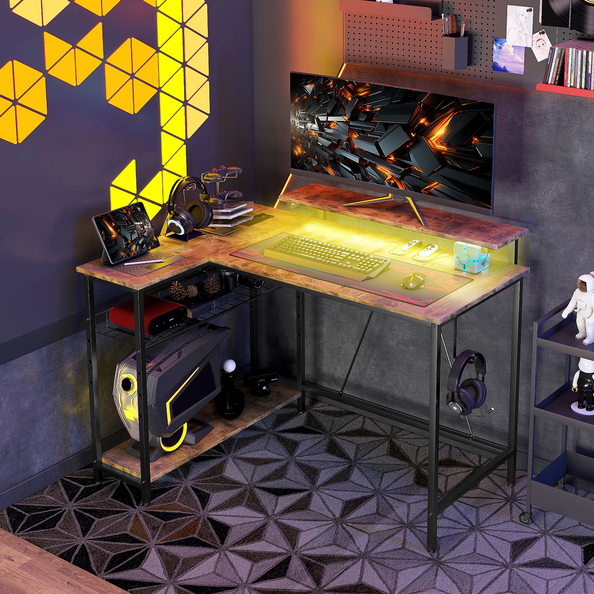 Homcom 42" L Shaped Desk With Led Lights, Power Outlet, Usb Charging Ports, Reversible L Shaped Computer Desk With Storage Shelves, Monitor Stand, Corner Gaming Desk For Home Office, Rustic Brown