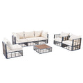 Modern Minimalist 7 Piece Metal Patio Sectional Sofa Set, All Weather Garden Conversational Furniture Set With Thick Cushions And Coffee Table For Indoor Outdoor, Gray Yes Deep Seating White Weather