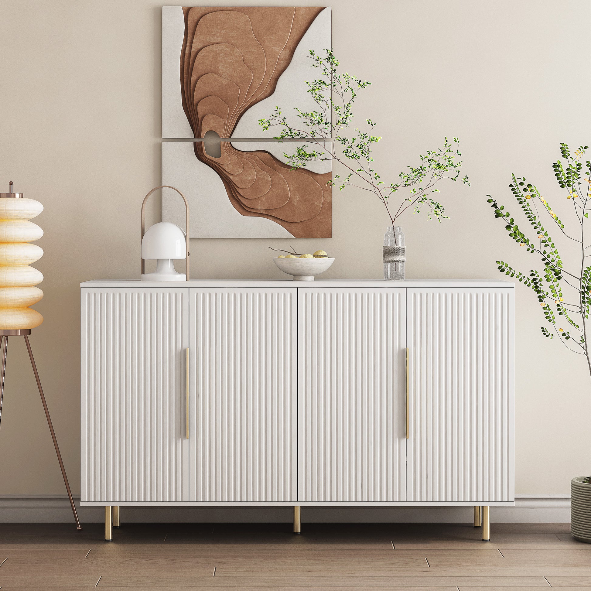 White Modern Buffet Cabinet With Storage, Fluted Sideboard Large Buffet With Adjustable Shelves, Credenza, Accent Cabinet Console Table White Mdf