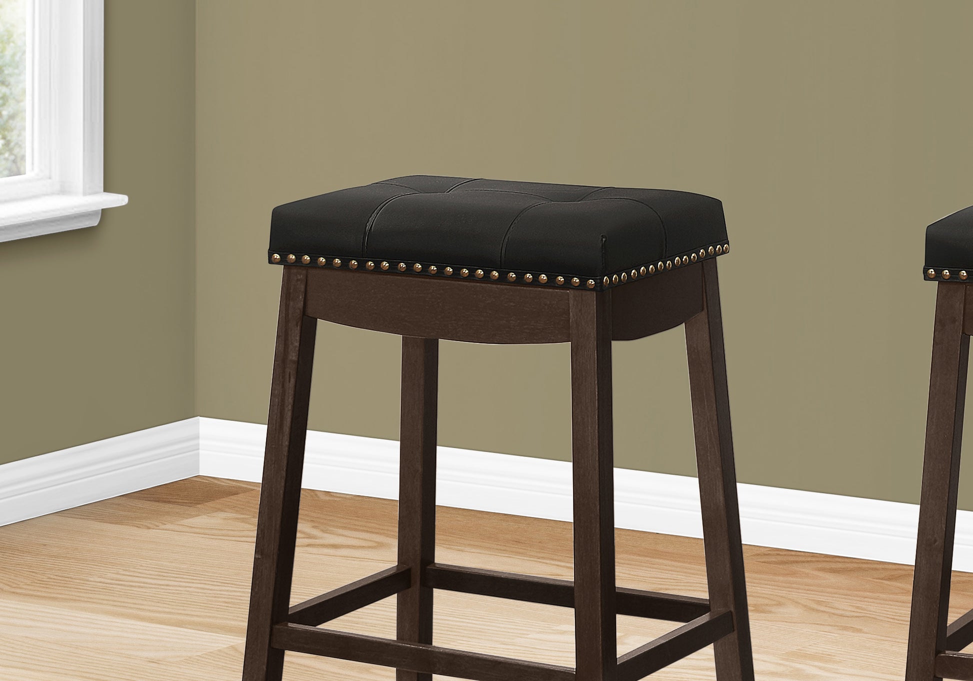 Bar Stool, Set Of 2, Bar Height, Saddle Seat, Brown Wood, Black Leather Look, Transitional Espresso Foam Solid Wood