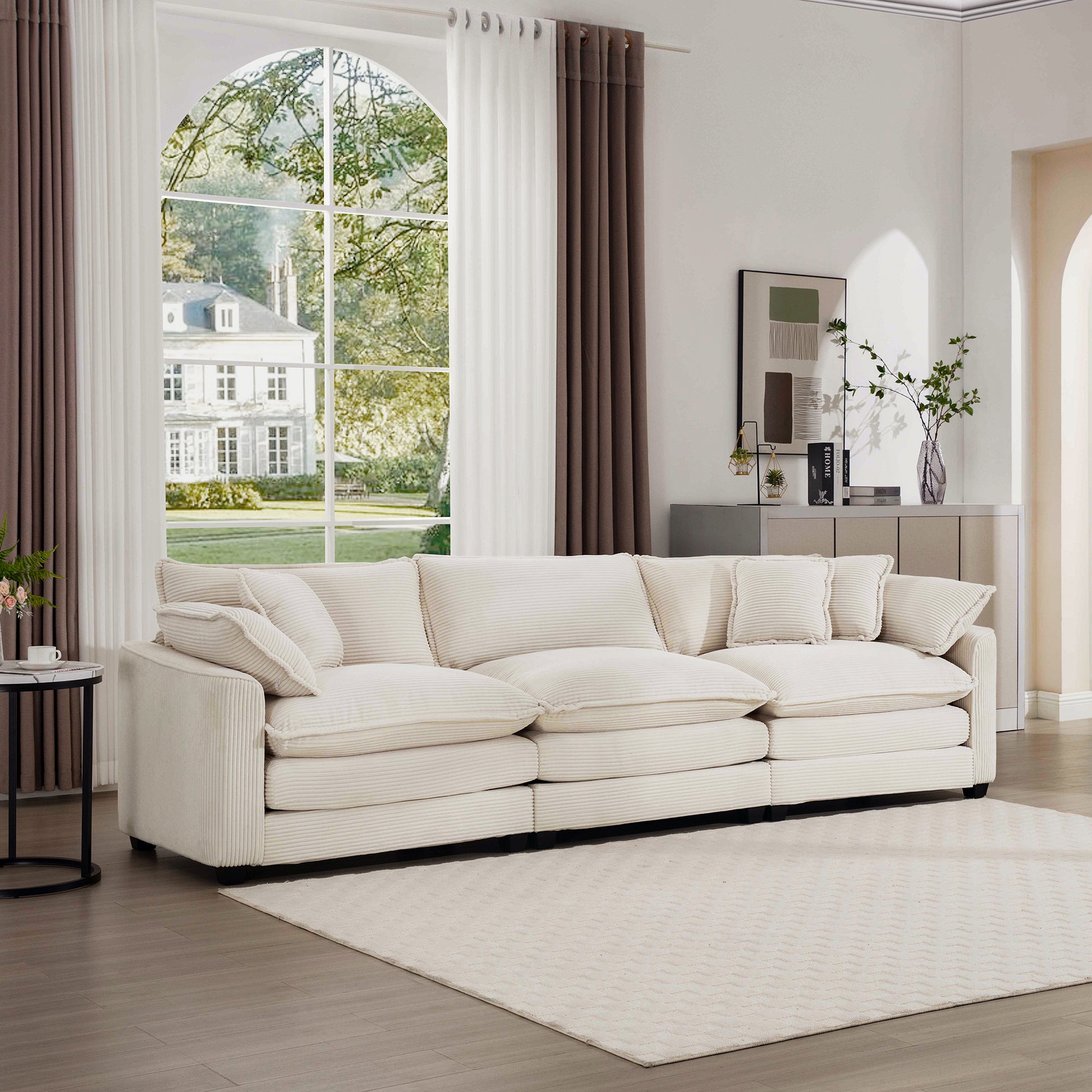 Mid Century Modern Sofa 3 Seater Sectional Sofa With 2 Arm Pillows And 3 Throw Pillows, Light Beige Corduroy Fabric Beige Corduroy 3 Seat