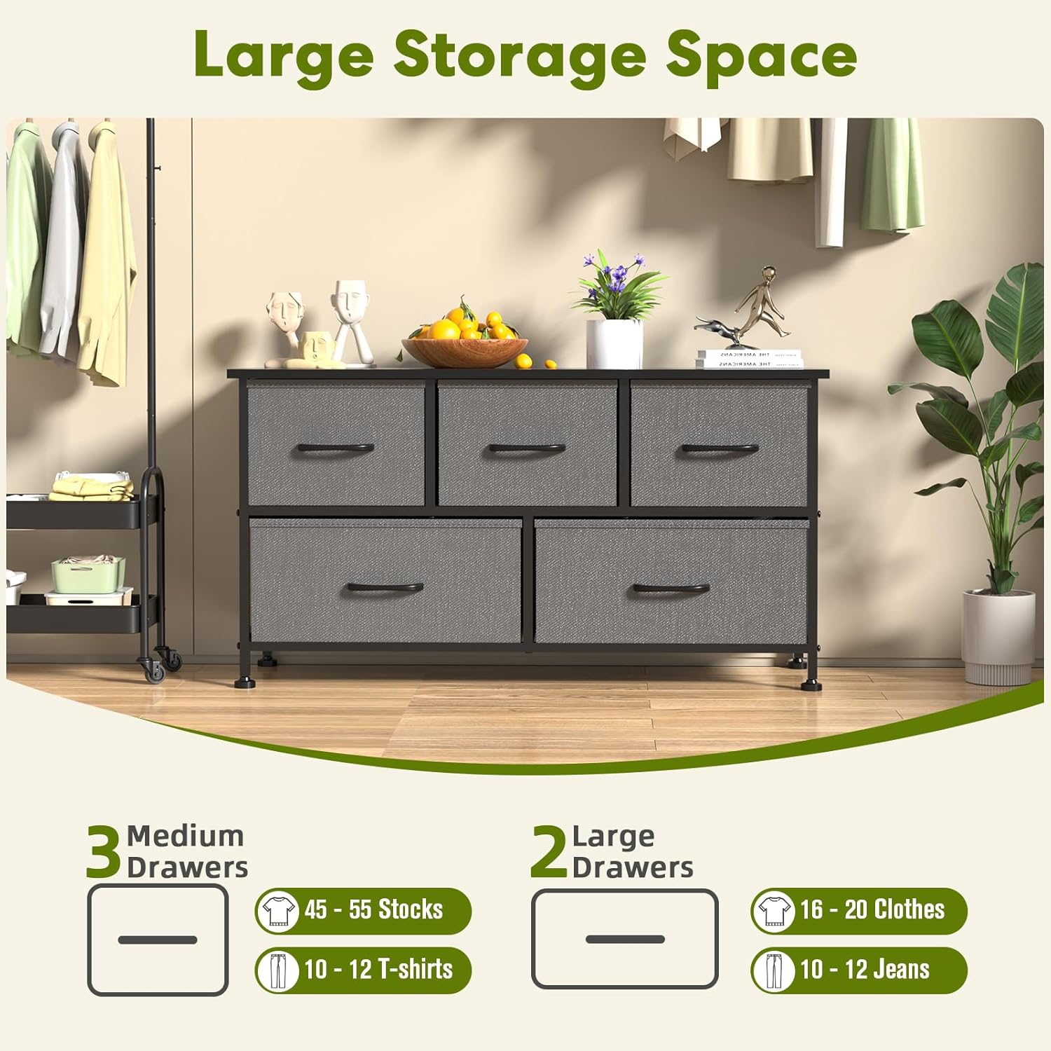 Simple Deluxe 5 Drawers Dresser For Bedroom, Kidsroom Furniture, Wide Chest Of Drawers, Storage Organizer Units With Fabric Bins For Closet, Metal Frame, Waterproof Wood Top, Adjustable Feet, Gray