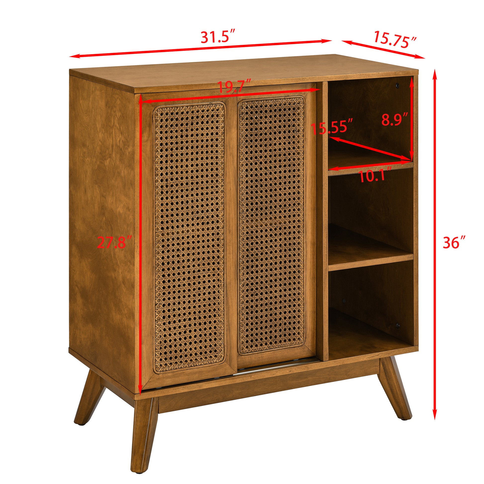 Mid Century Modern Rattan Sideboard Cabinet, Buffet Cabinet For Entryway Hallway Living Room Kitchen Dining Room Bedroom, Adjustable Shelf & Solid Wood Feet & Rattan Cabinet Doors Light Wood Walnut Mdf