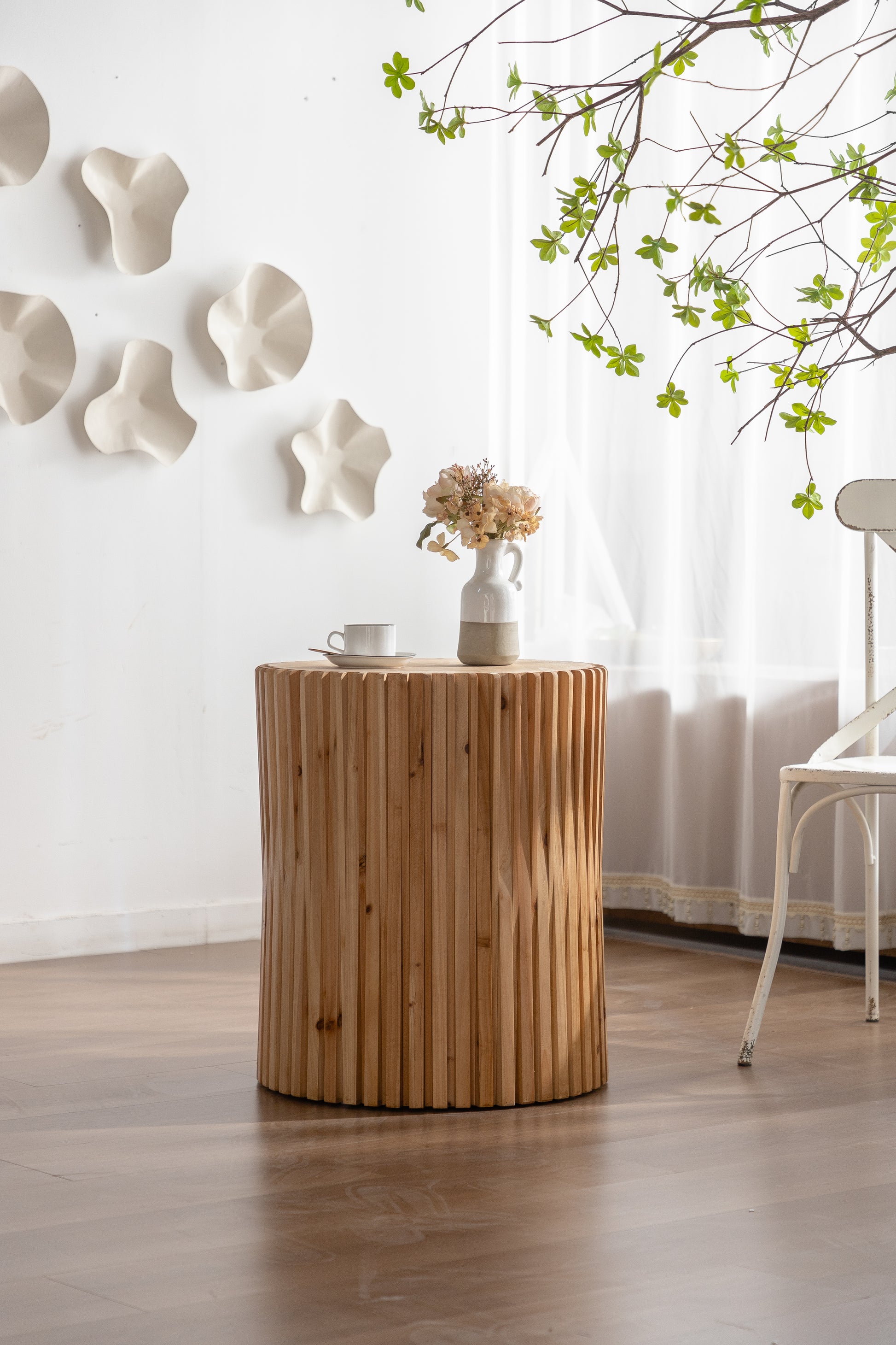 Retro Fashion Style Cylindrical Side Table With Vertical Texture Relief Design,Suitable For Living Room,Office,And Dining Room Same Sku:W757102860 Natural Mdf