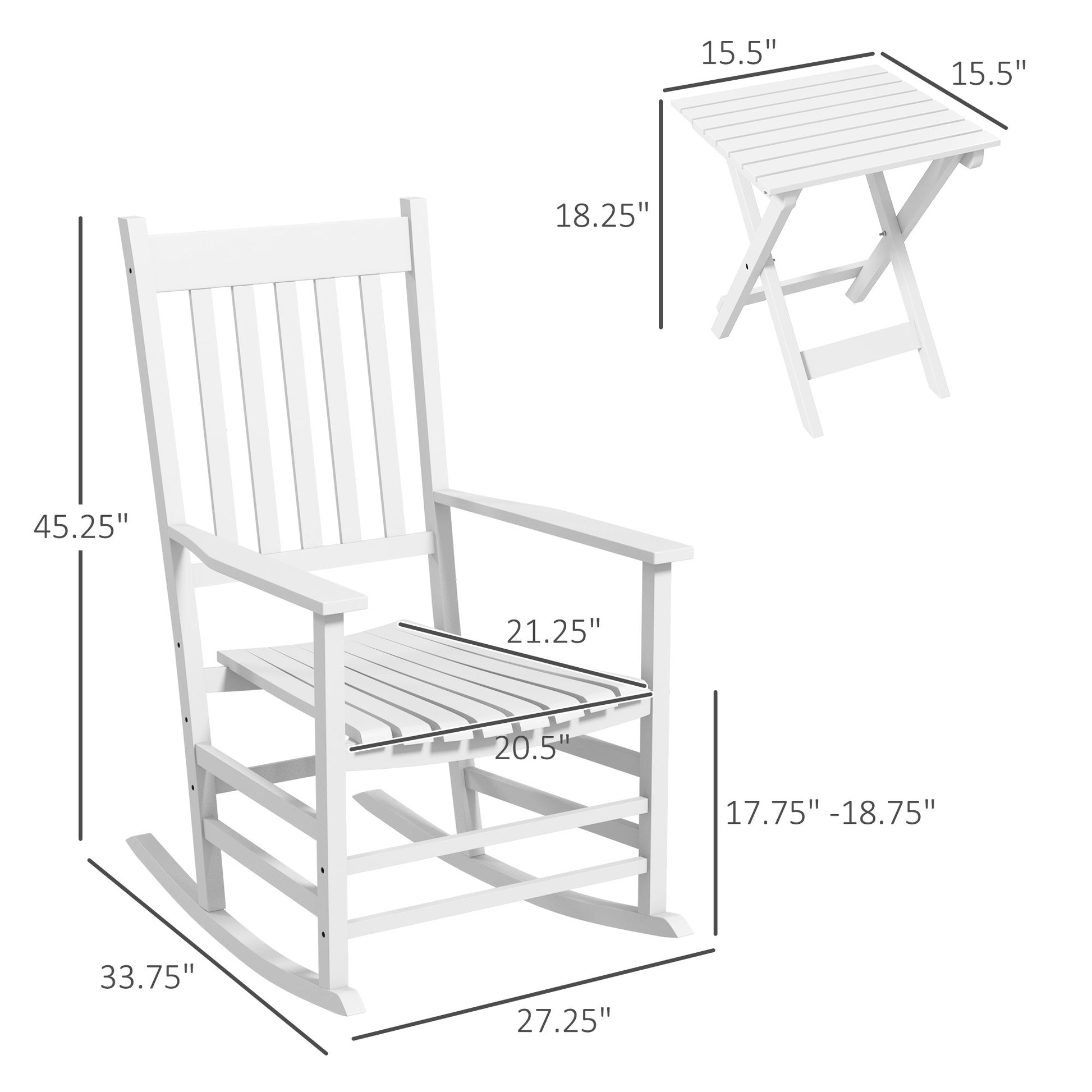 Outsunny Outdoor Rocking Chair Set Of 2 With Side Table, Patio Wooden Rocking Chair With Smooth Armrests, High Back For Garden, Balcony, Porch, Supports Up To 352 Lbs., White White Wood