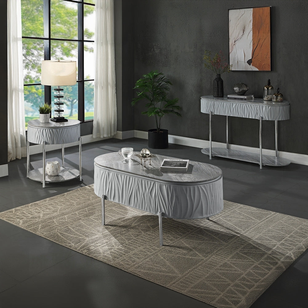 Grey High Gloss And Chrome End Table With Drawer Grey Silver Primary Living Space Shelves Round Wood Metal