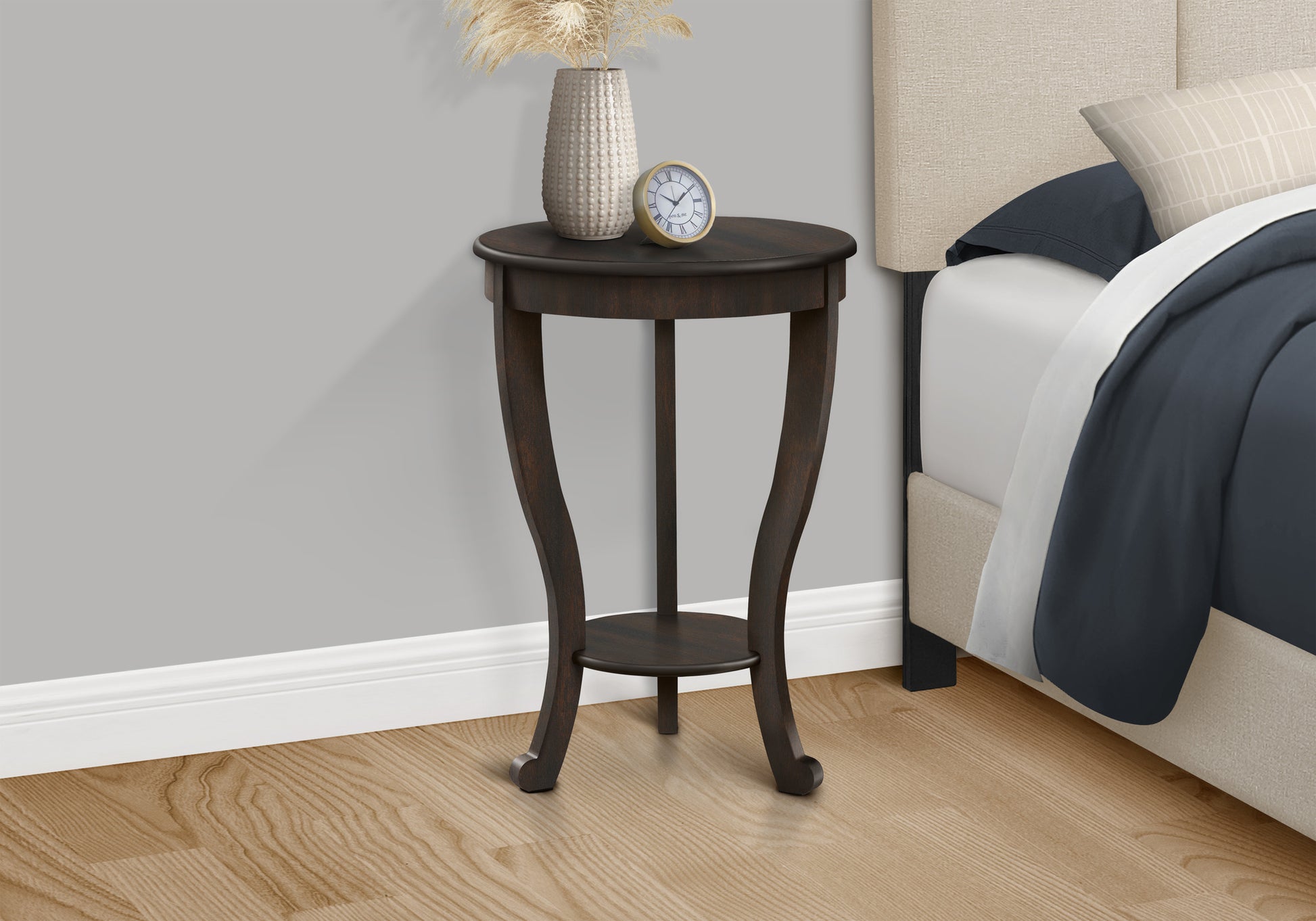 Accent Table, 2 Tier, Bedroom, End, Lamp, Nightstand, Round, Side Table, Brown Veneer, Traditional Walnut Mdf