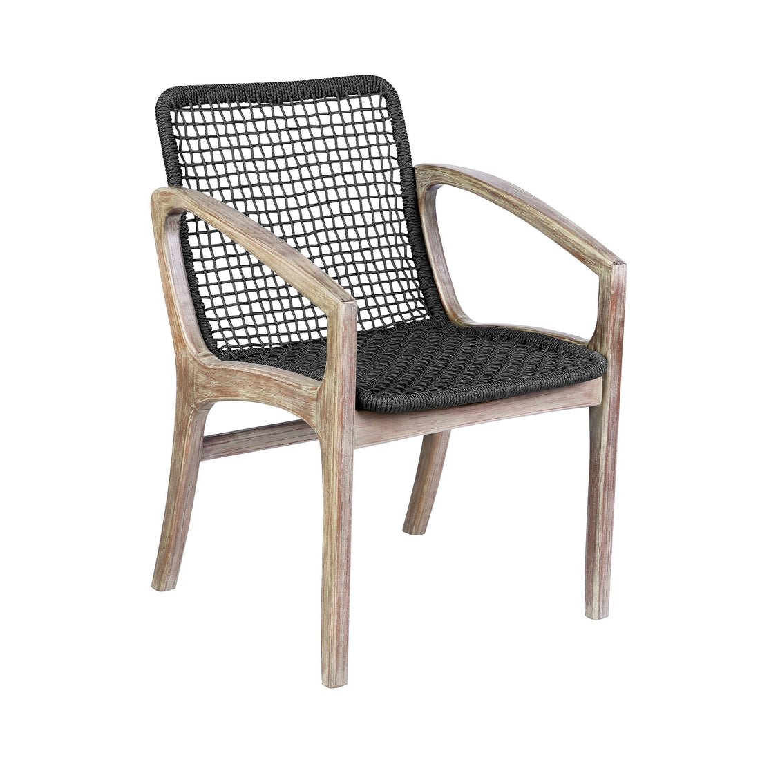 Tye 25 Inch Patio Dining Chair, Light Eucalyptus Wood, Dark Gray Rope Seat Gray Wood