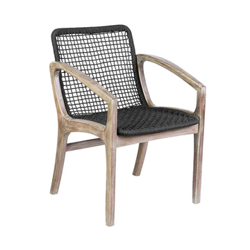 Tye 25 Inch Patio Dining Chair, Light Eucalyptus Wood, Dark Gray Rope Seat Gray Wood