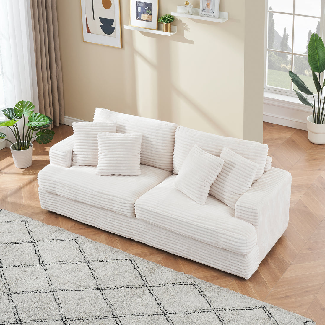 79.3Nch Corduroy Sofa With 4 Matching Toss Pillows Sleek Design Spacious And Comfortable 3 Seater Couch For Modern Living Room,White White Corduroy 3 Seat