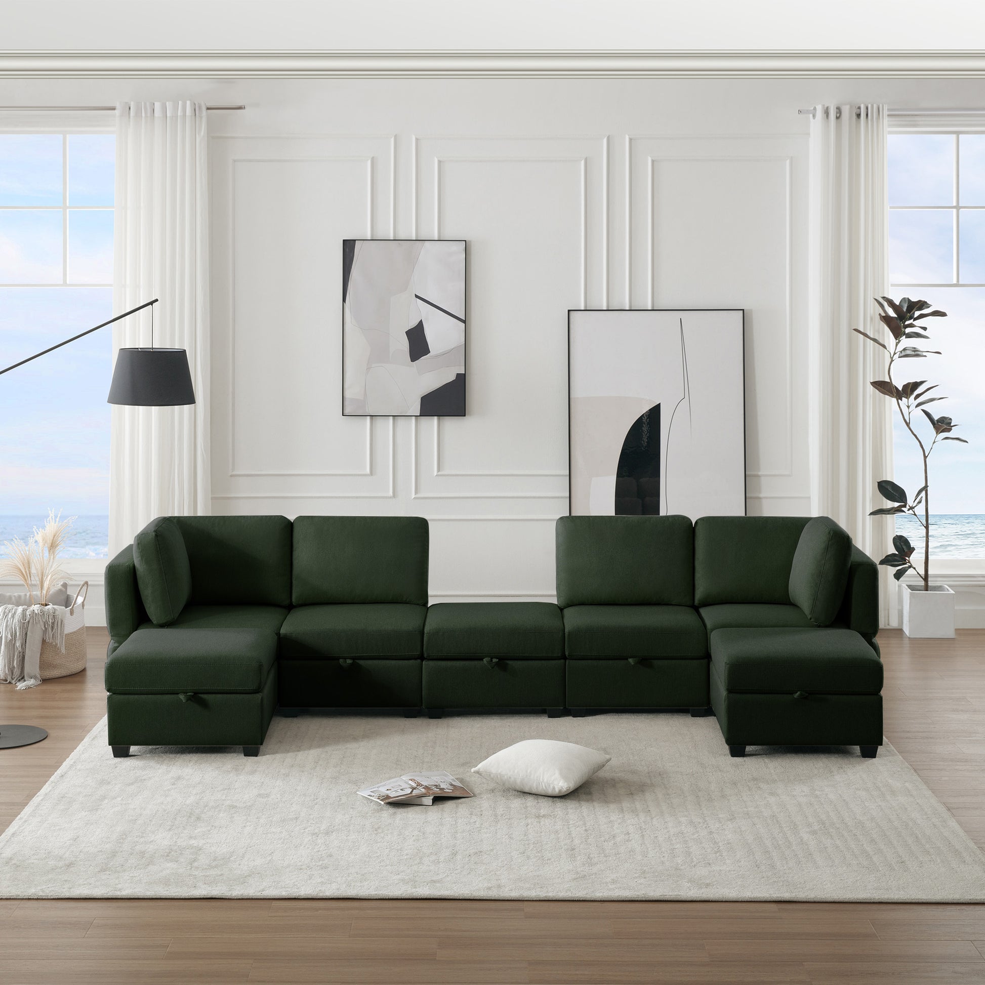 Modular Sectional Sofa U Shaped Sectional Couch With Ottoman, 7 Seat Modular Sofa With Chaise For Living Room, Adjustable Arms And Backs Green Green Polyester 4 Seat