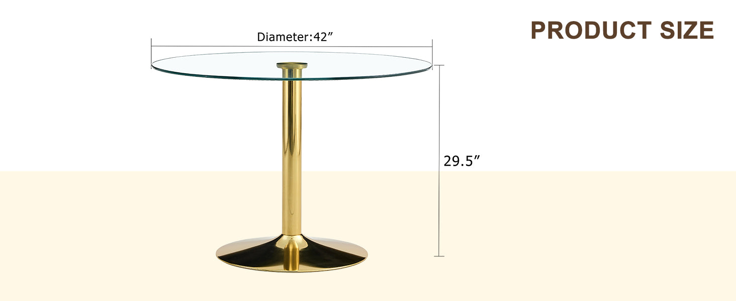 A 42 Inch Diameter Glass Top And A Modern, Minimalist Round Dining Table With Gold Metal Legs. Ideal For Dining Rooms, Living Rooms And Meeting Rooms. Model: Dt 1166 Gold Glass Metal