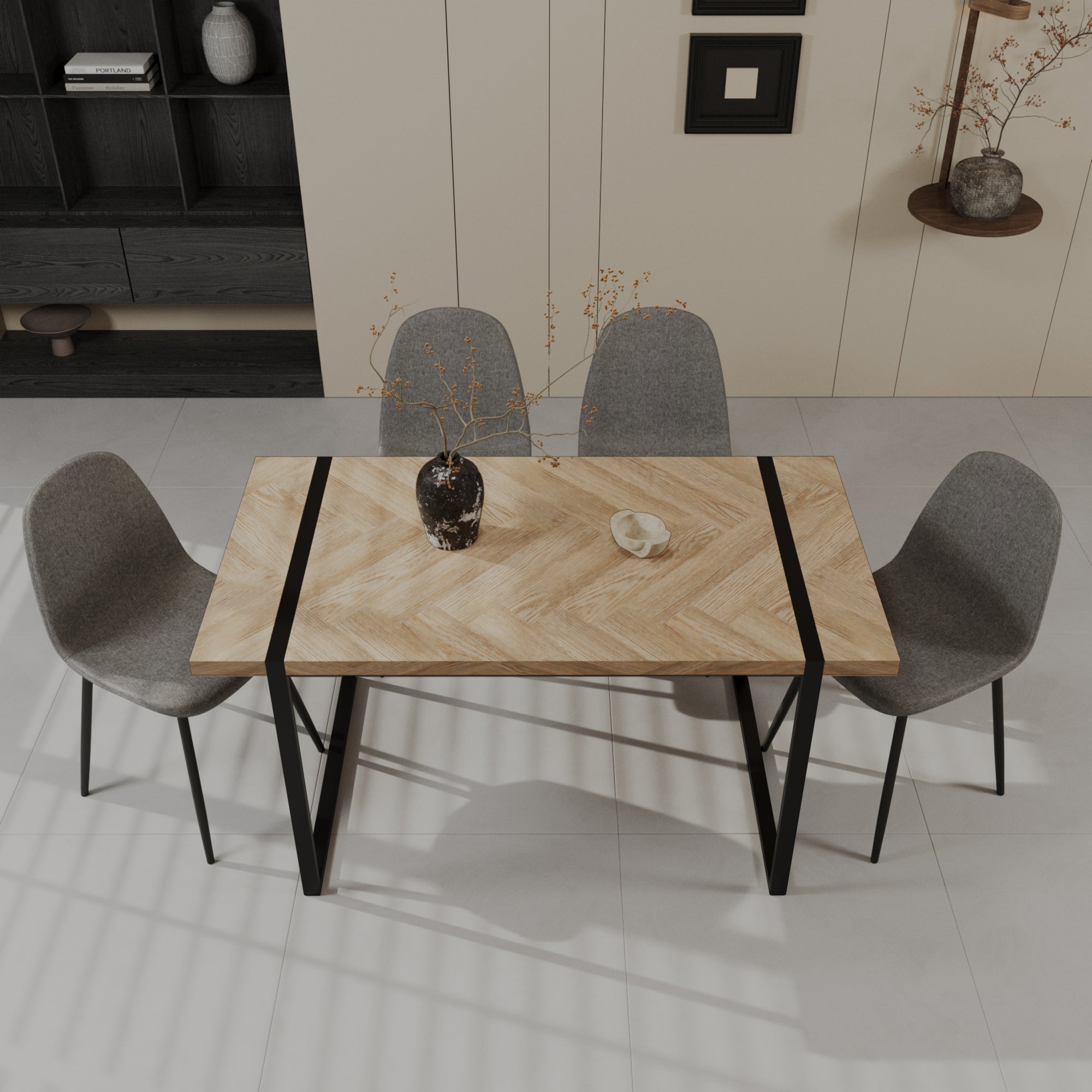 59" Mdf Light Wood Dining Table And Modern Dining Chair Set Of 4 Pieces, Medieval Wooden Kitchen Dining Table Set, Black Rectangular Metal Base, Dining Table And Suede Chair Set Grey Brown Mdf