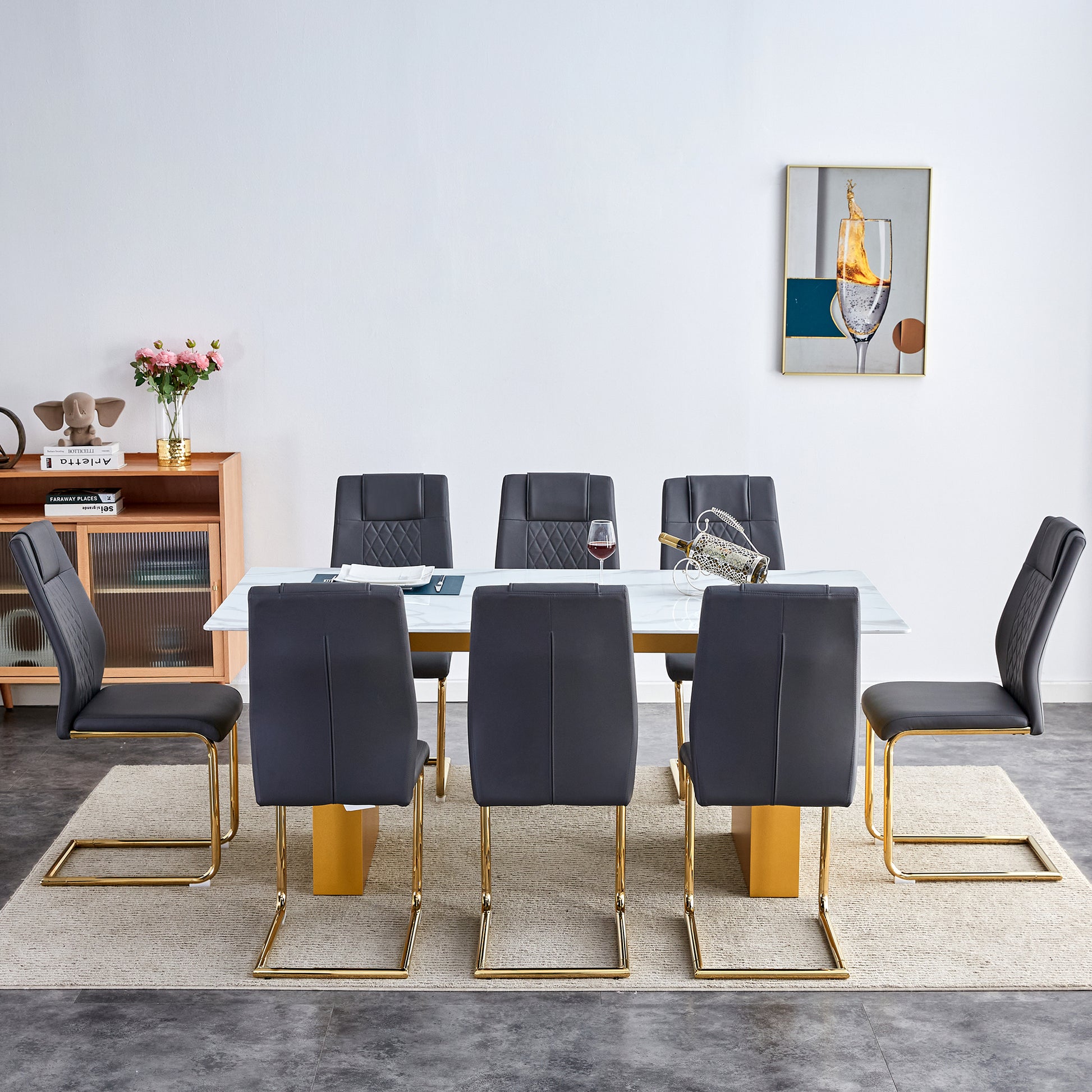 Table And Chair Set.Large Modern Rectangular Table With 0.4 Inch Patterned Glass Tabletop And Large Mdf Table Legs.Comes With 8 Chairs With Faux Leather Cushioned Seats And Golden Metal Legs. Gold White Seats 8 Mdf Glass