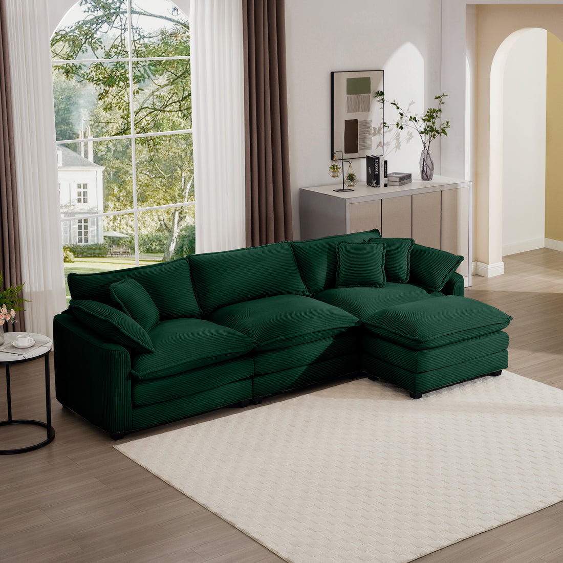 Corduroy 3 Seater Sofa With 1 Footrest, L Shaped Double Sofa With Ottoman For Small Living Rooms, Green Corduroy Sofa Green Corduroy 3 Seat