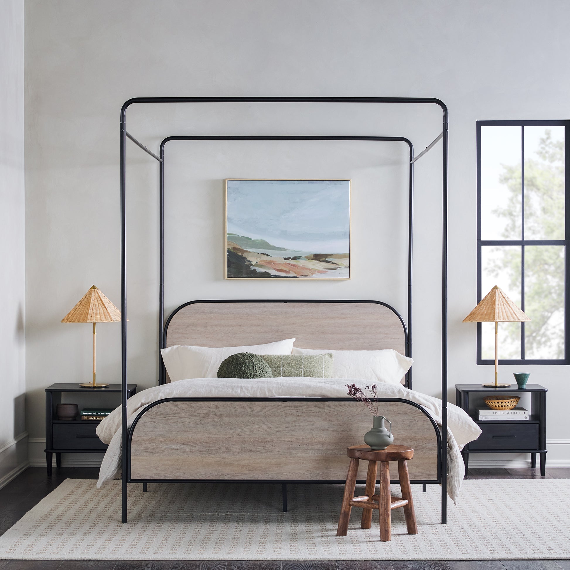 Modern Metal And Wood Canopy Queen Bedframe Smoked Oak Queen Brown Mdf Steel