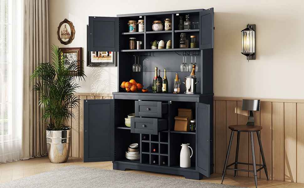 Coffee Bar Cabinet Kitchen Cabinet With Storage, Farmhouse Wine Cabinet With Drawers Shelves And Cabinets, Buffet Cabinet Wine & Glass Racks For Dining Room, Kitchen, Dark Blue Dark Blue Particle Board Mdf