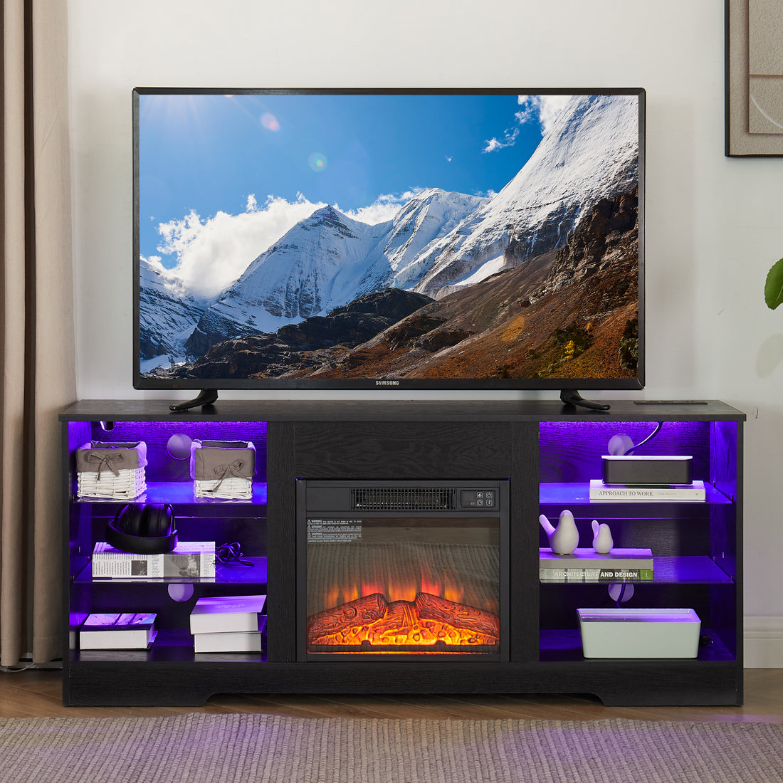 Tv Stand Electric Fireplace Glass Shelves, 3D Fireplace Tv Stand With Led Lights Wood With Usb Charging Outlet Modern Television Table Center For Tv Up To 62" Black 58''W*15.5''D*24.4 Black 50 59