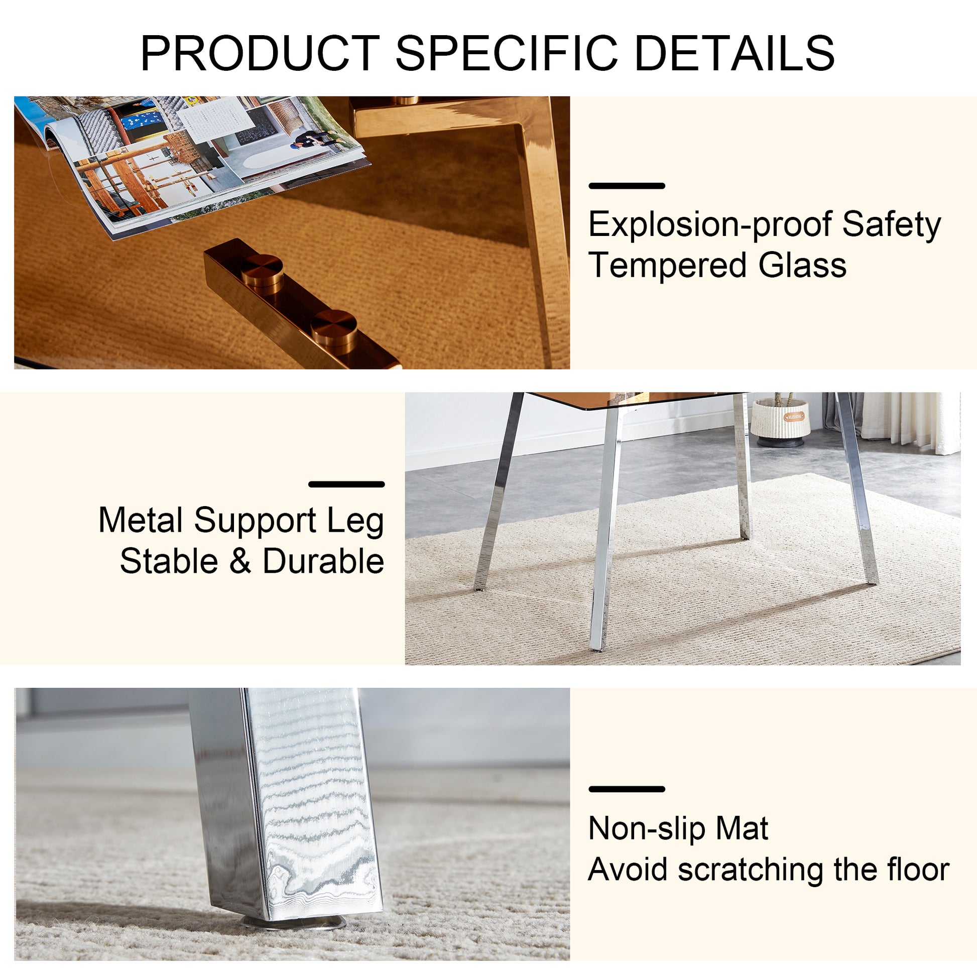 Table And Chair Set. Large Modern Rectangular Table With Brown Glass Top And Silver Metal Legs. It Comes With Soft And Comfortable Pu Seats, Faux Leather Upholstered Seats And Silver Metal Legs. Black,Brown Seats 4 Glass Metal