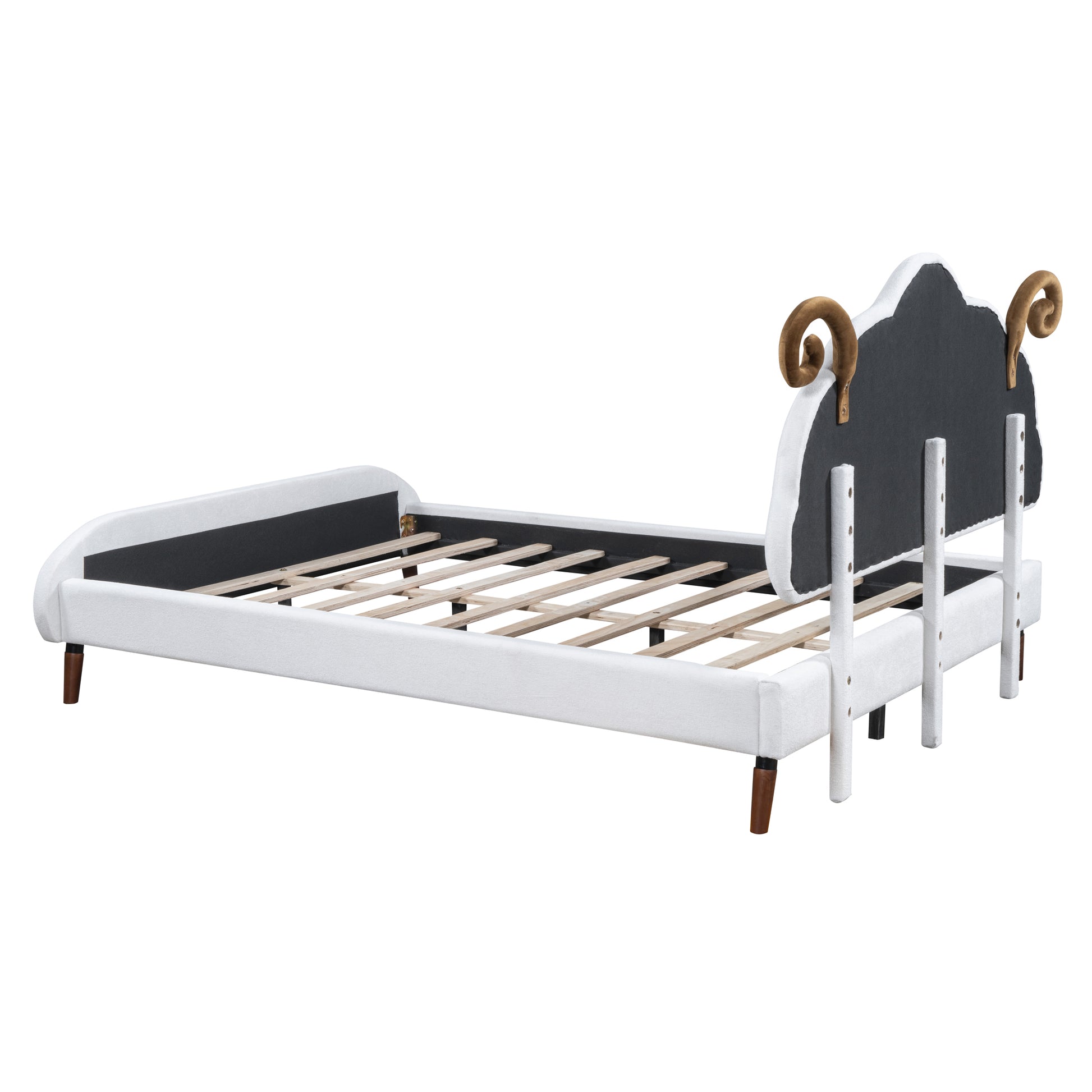Full Size Upholstered Platform Bed With Sheep Shaped Headboard, White Full White Plywood