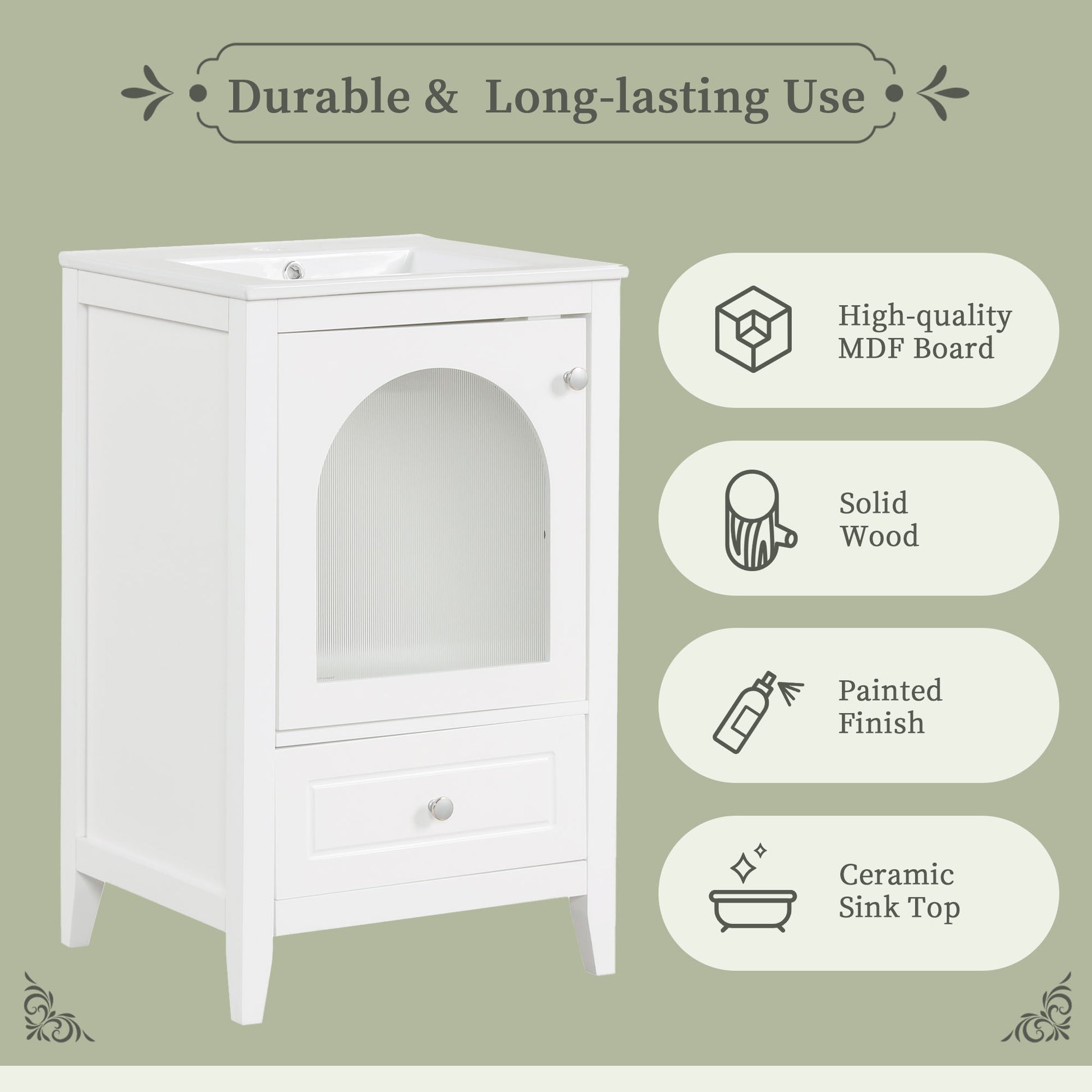 20" Bathroom Vanity With Sink, Bathroom Cabinet With Soft Closing Glass Door, A Drawer, White White Mdf