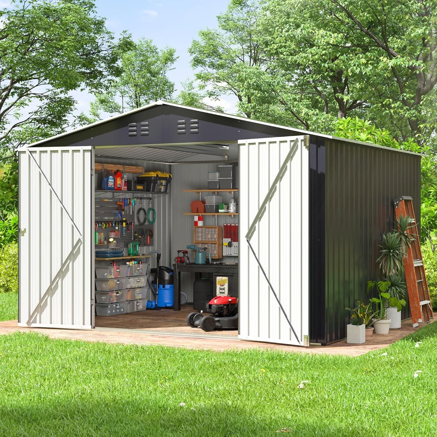 Outdoor Sheds 8Ft X 10Ft & Outdoor Storage Clearance, Metal Anti Corrosion Utility Tool House With Lockable Door & Shutter Vents, Waterproof Storage Garden Shed For Backyard Lawn Patio Grey Iron