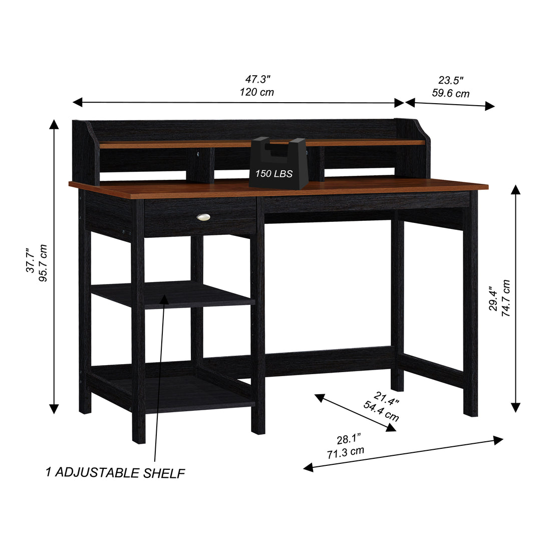 47" Writing Desk With Hutch "Teak And Black Oak Dual Tone Desk Spacious Writing And Computer Table With Drawer And Adjustable Shelf For Home Office" Teak Black Solid Wood