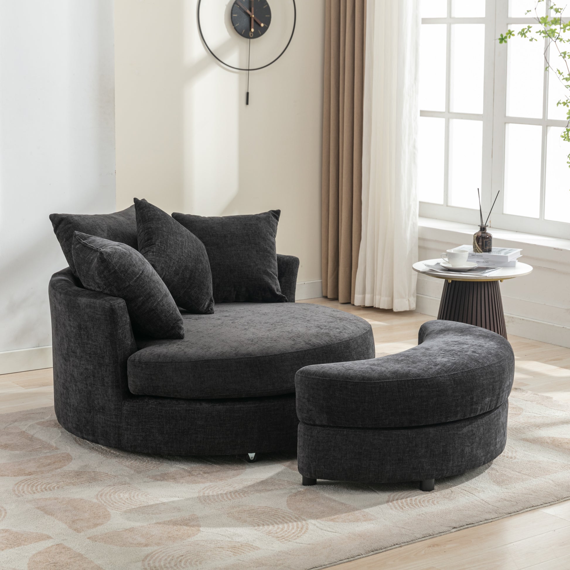 Orisfur. 360 Swivel Accent Barrel Chair With Storage Ottoman & 4 Pillows, Modern Chenille Leisure Chair Round Accent For Living Room, Gray Gray Foam Chenille
