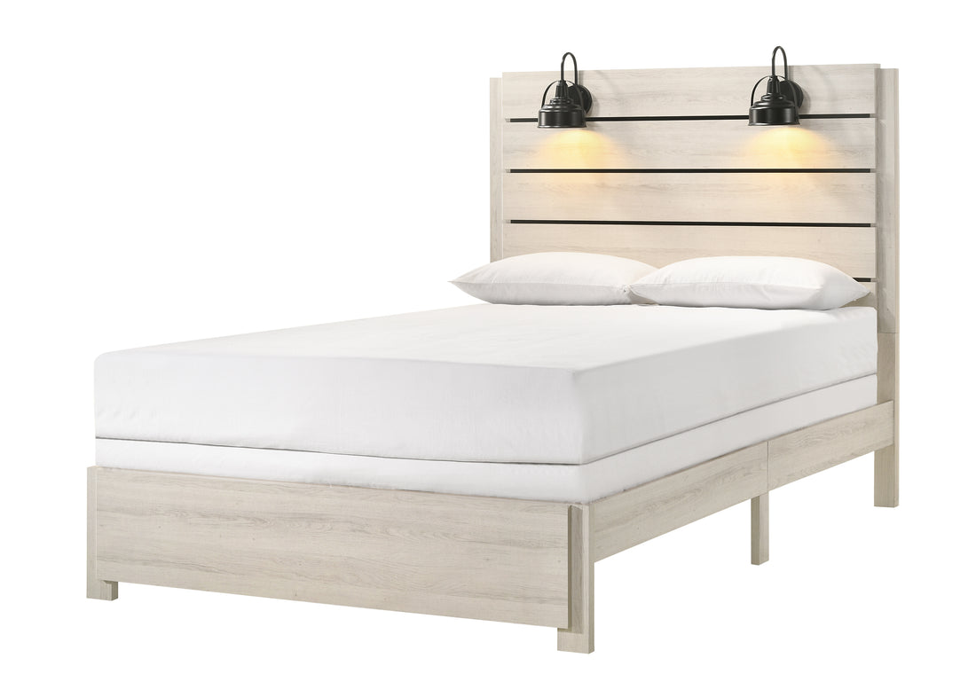 1Pc Rustic Style Butcher Block Finish Weathered Cream White Finish King Size Bed W Lamp Wooden Bedroom Furniture Box Spring Not Required King Antique White Wood Bedroom Contemporary,Transitional Wood