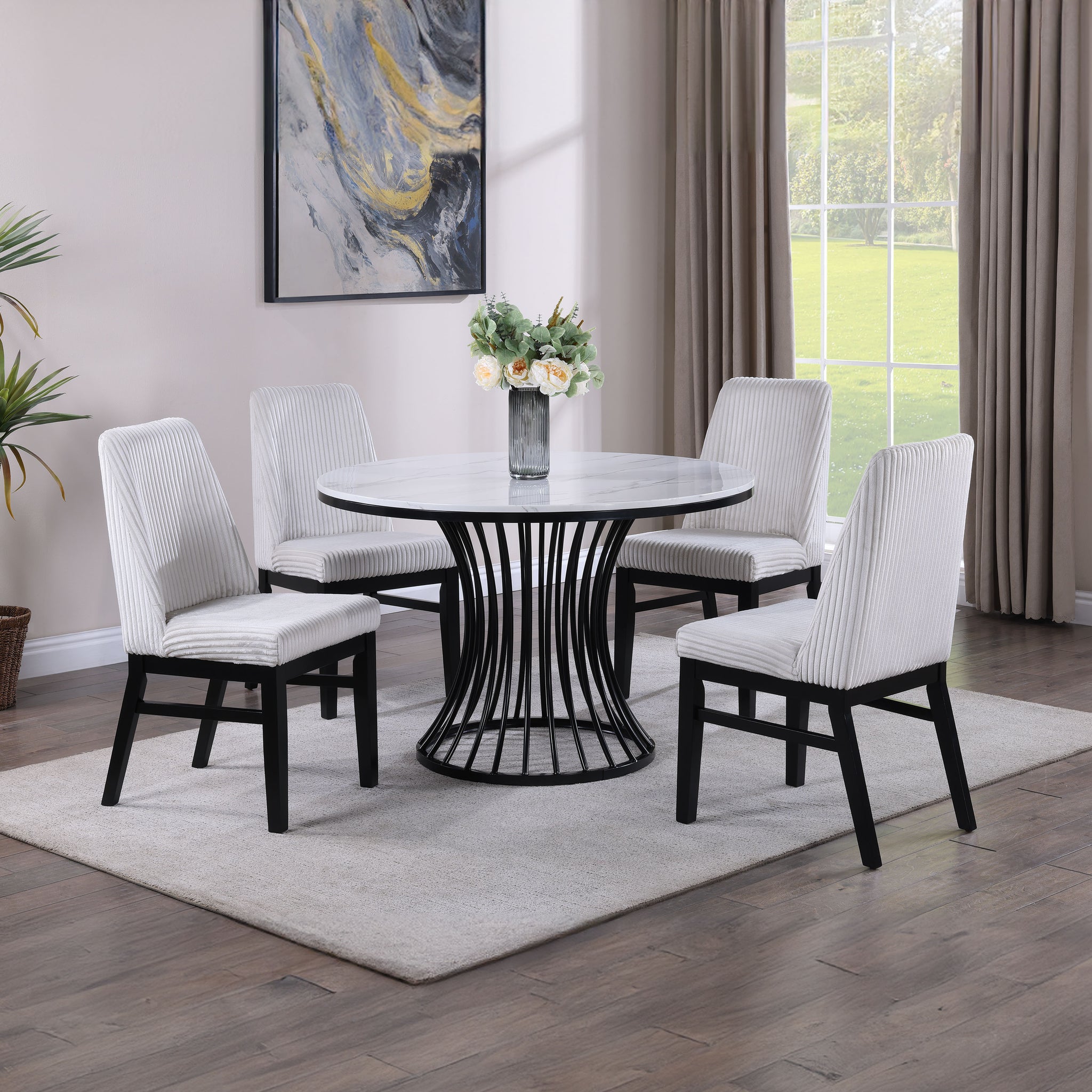 5Pc Dining Set Contemporary Modern Style White Faux Marble Round Table Cage Like Base White Fabric Upholstery Dining Wooden Furniture Black Finish Upholstered Chair Wood White Black Seats 4 Wood