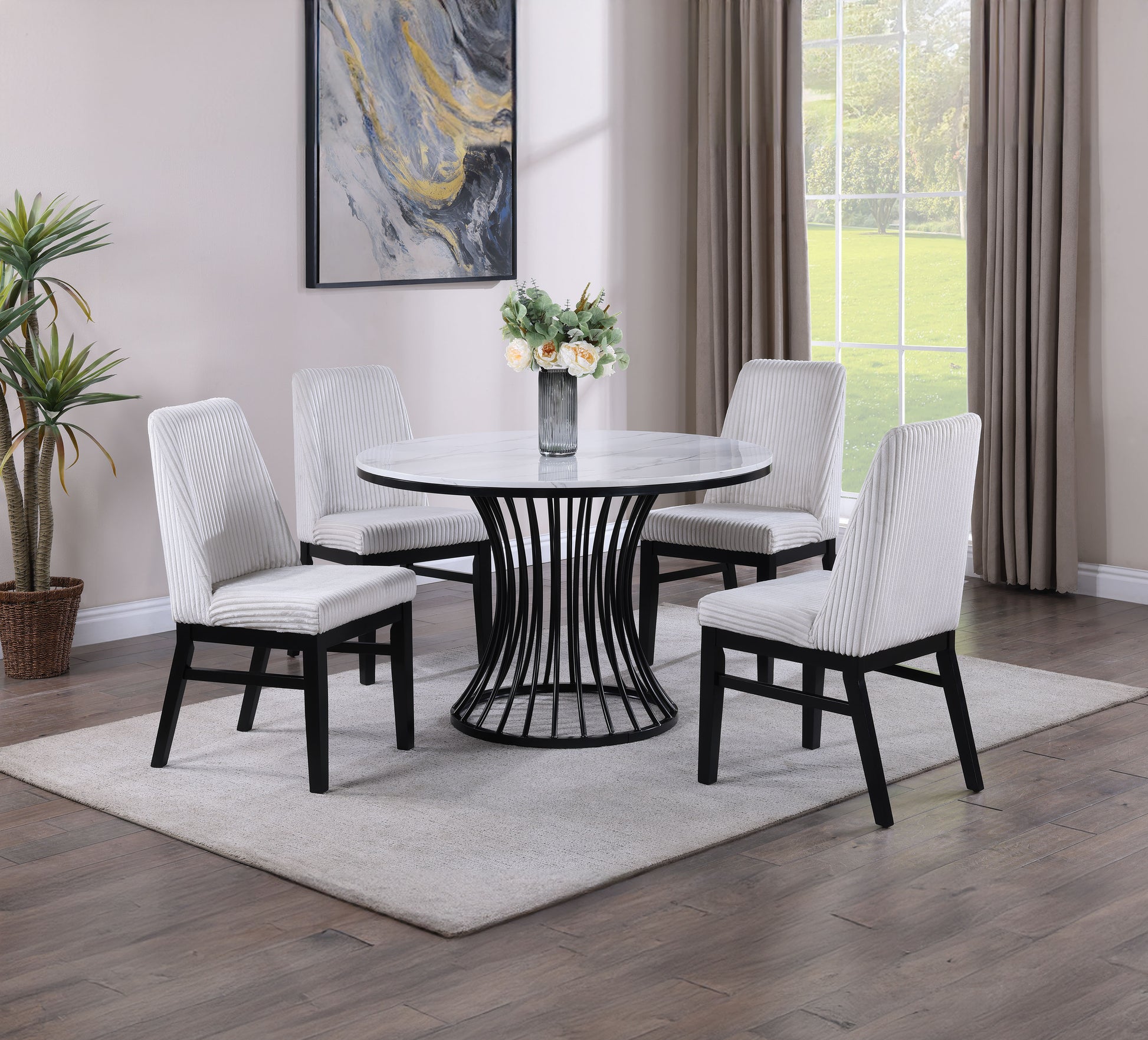 5Pc Dining Set Contemporary Modern Style White Faux Marble Round Table Cage Like Base White Fabric Upholstery Dining Wooden Furniture Black Finish Upholstered Chair Wood White Black Seats 4 Wood