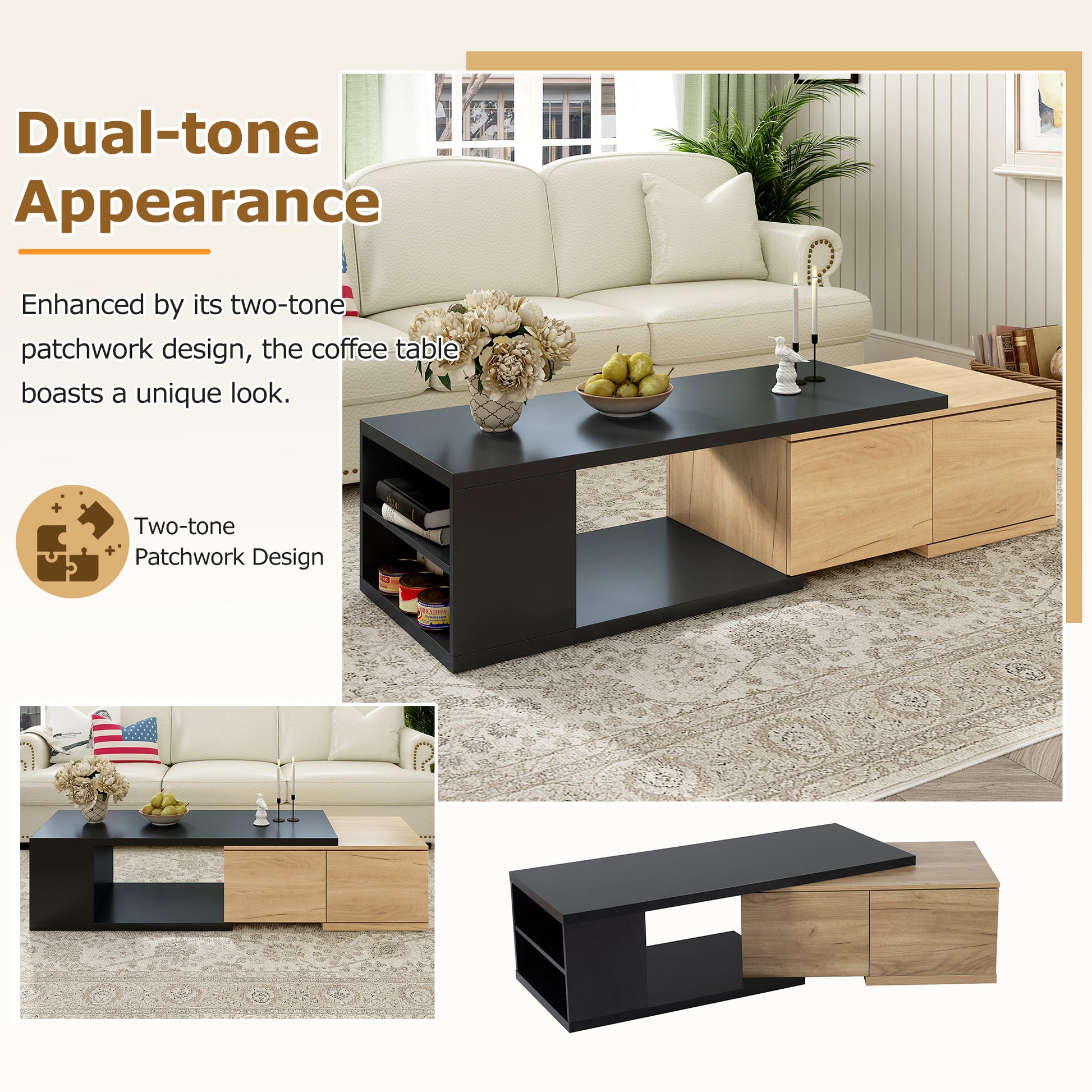 47.2'' 57''W Extendable Coffee Table With 2 Storage Drawers, Dual Tone Wood Center Table With Extendable Sliding Tabletop, Multi Functional Hidden Storage Sofa Table For Living Room, Black Black Primary Living Space Drawers Rectangular Particle Board Mdf