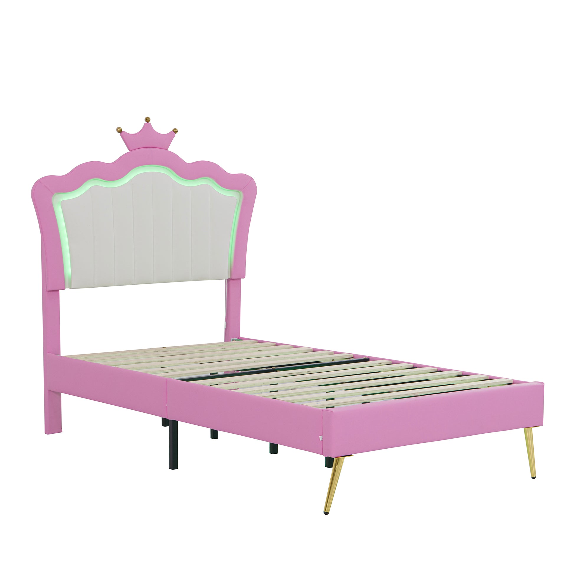 Twin Size Upholstered Bed Frame With Led Lights, Modern Upholstered Princess Bed With Crown Headboard, Pink White Box Spring Not Required Twin Pink White Wood Bedroom Modern Bed Frame Pu