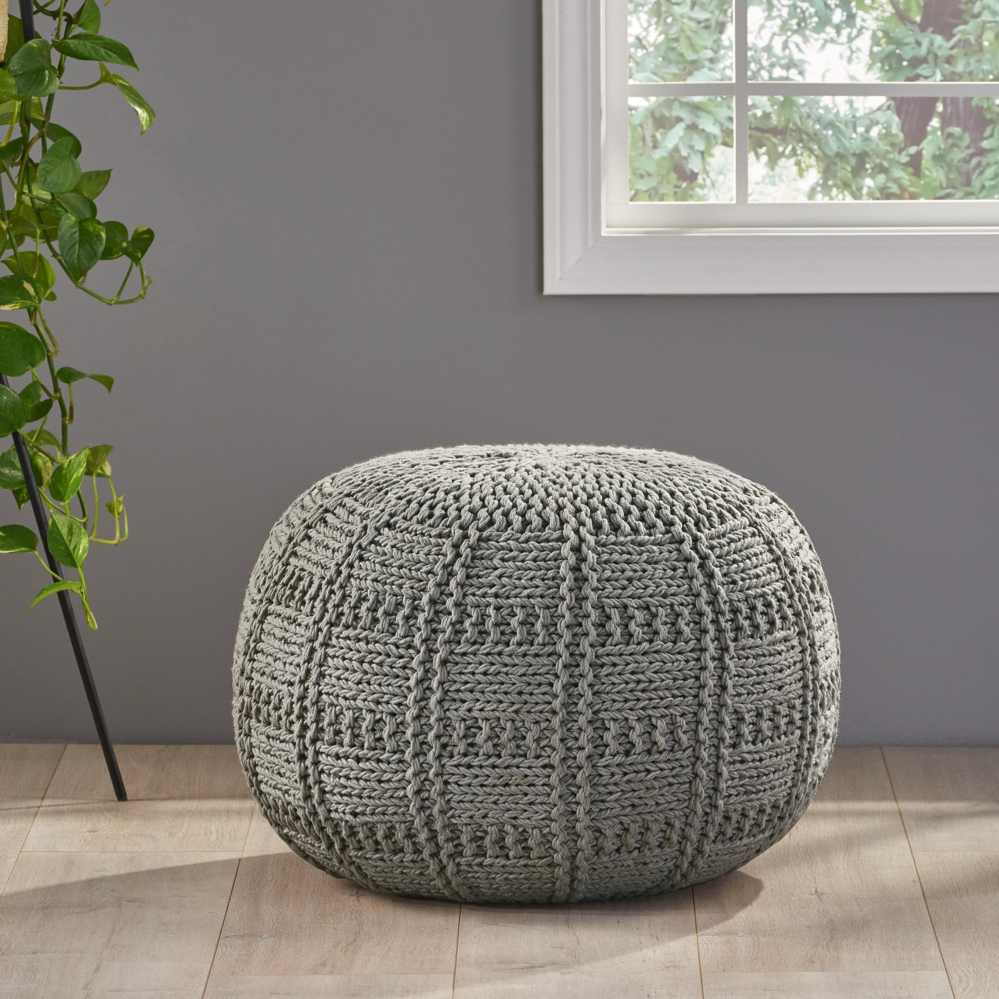 Yuny Knitted Cotton 20 X 20 Round Pouf Grey Cotton