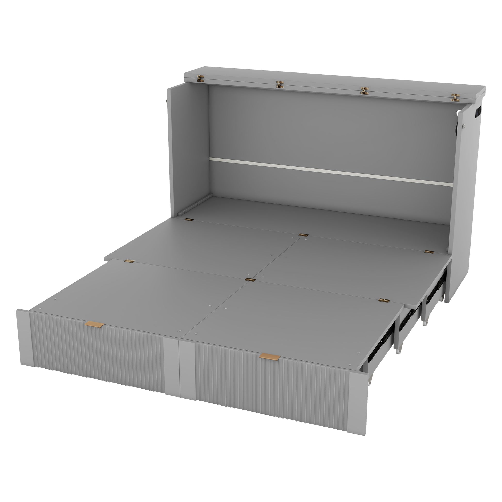 Queen Size Murphy Bed Wall Bed With Drawer And A Set Of Sockets & Usb Ports, Pulley Structure Design, Gray Queen Gray Plywood