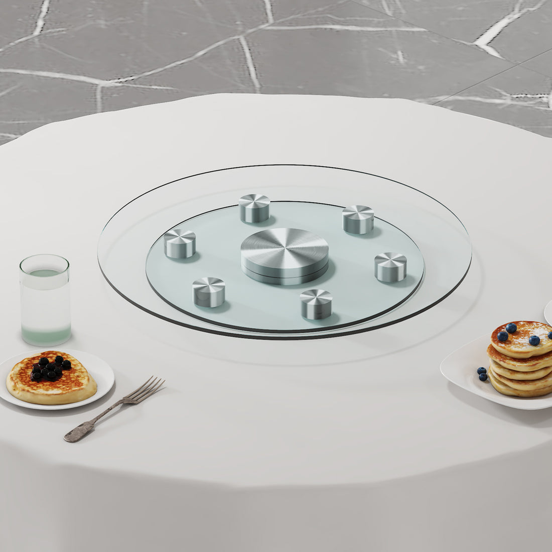 Double Layer Rotatable Round Glass.The Rotatable Design Makes It More Convenient To Retrieve And Place Items.The Upper Glass Has A Diameter Of 20 Inches, While The Lower Glass15 Inches. Transparent Glass