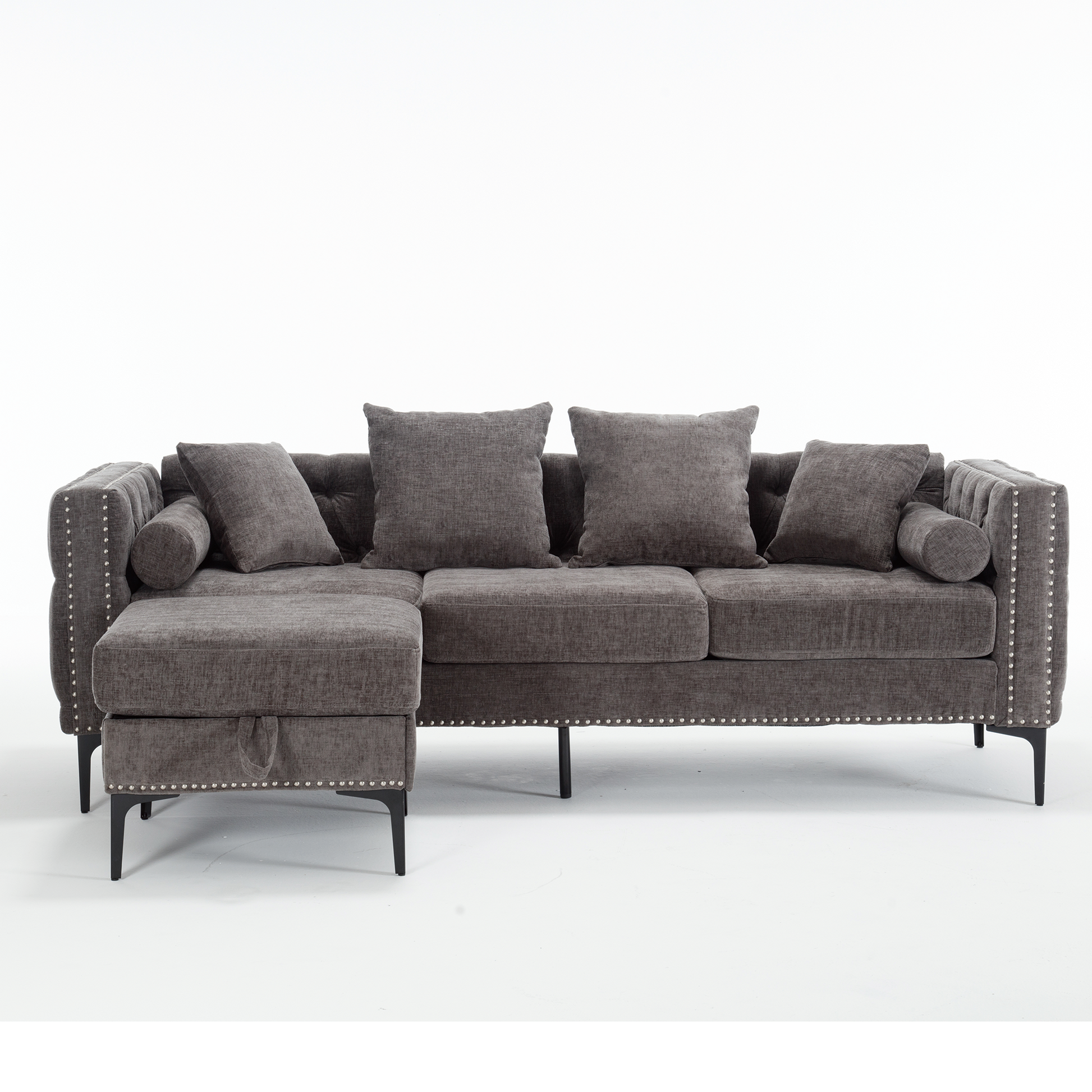 Arrived L Shaped Sectional Sofaconvertible Storage Ottoman,Chenille ,Square Arm, Modern Tufted Couch ,3 Seater, And Nailhead, Dark Gray Dark Gray Polyester Wood Primary Living Space Medium Soft Tufted Back Modern Square Arms Metal & Wood 4 Seat