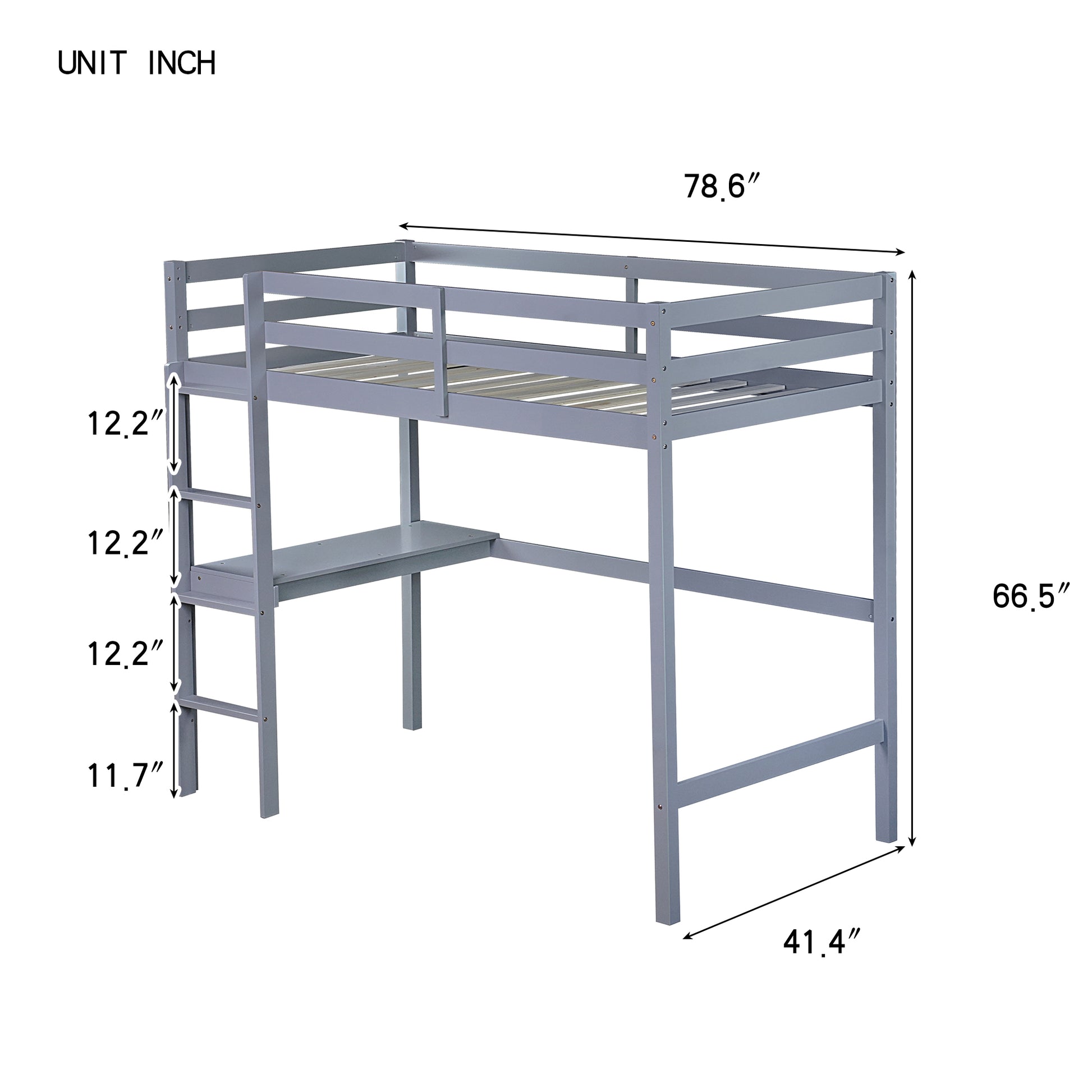Twin High Loft Bed, Rubber Wood Loft Bed With Safety Guardrail, Built In Desk, Ladder,Grey Twin Grey Rubber Wood