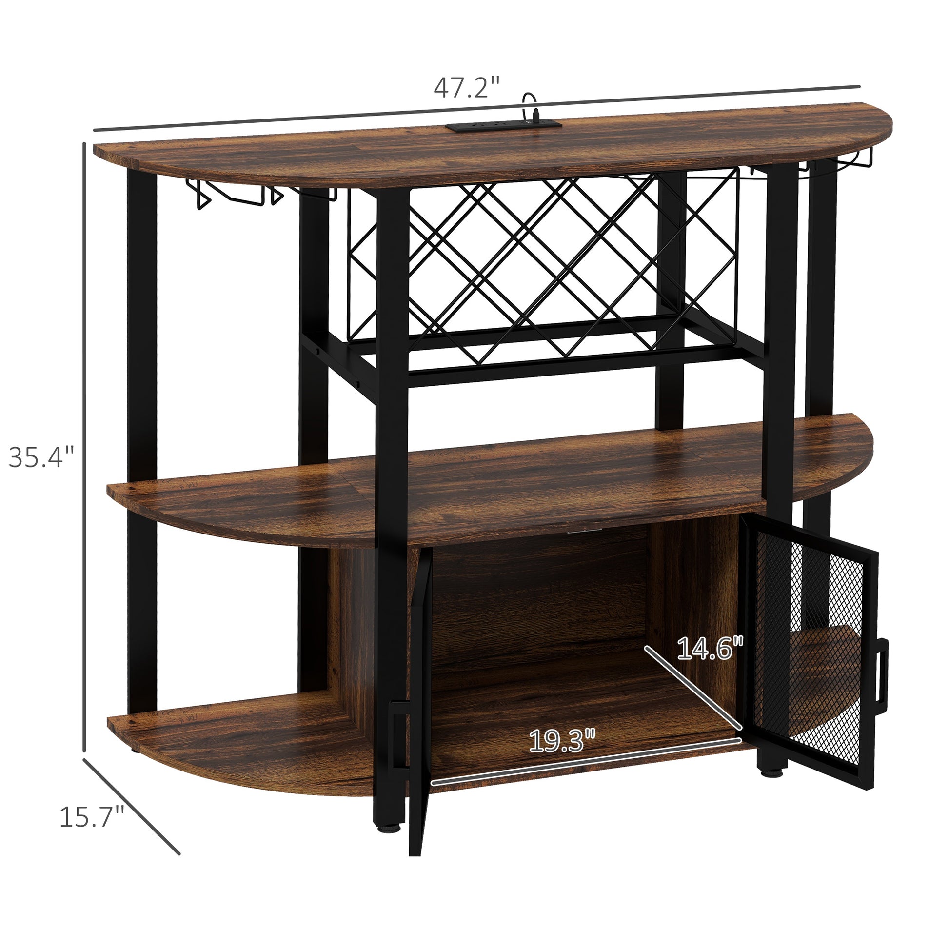 Homcom Wine Bar Cabinet With Charging Station And Led Lights, Industrial Liquor Cabinet Bar Stand For Home With 10 Bottle Wine Rack, Glass Holders, Mesh Doors, And Open Shelves, Rustic Brown Rustic Brown Steel