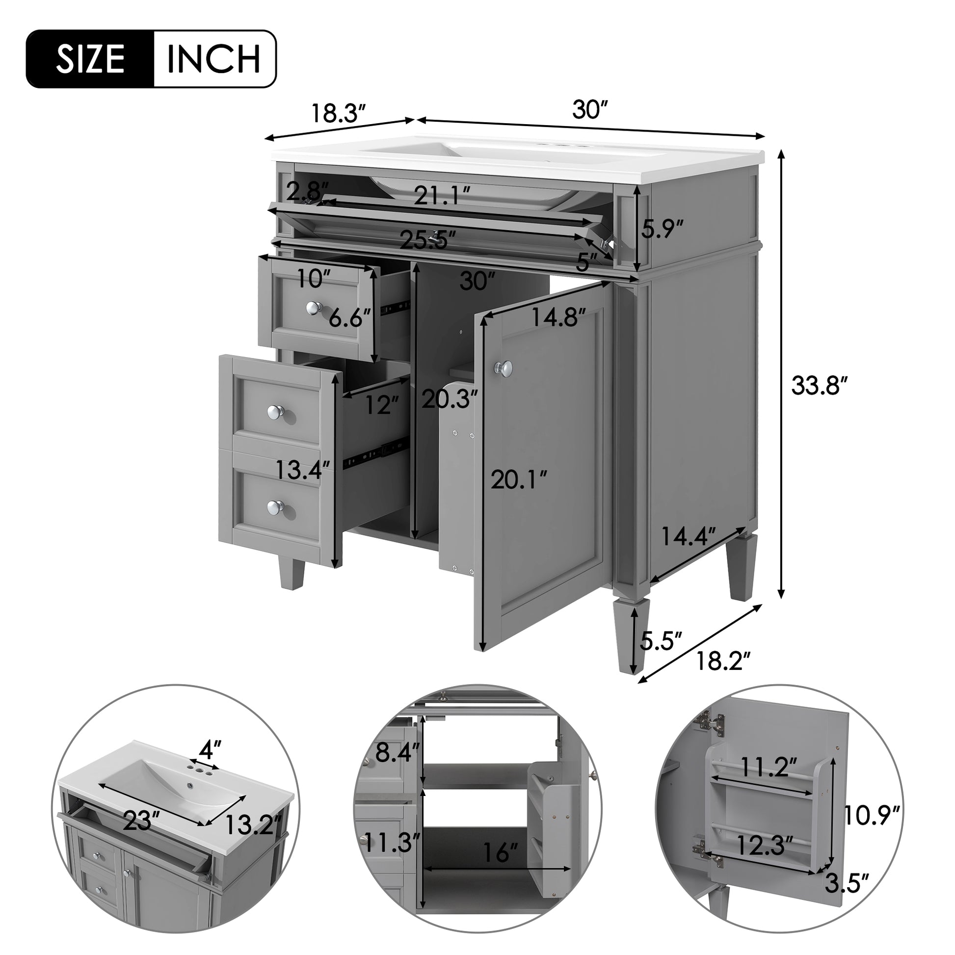 30'' Bathroom Vanity With Top Sink, Modern Bathroom Storage Cabinet With 2 Drawers And A Tip Out Drawer, Single Sink Bathroom Vanity Grey Modern Mdf Ceramic,Solid Wood Mdf