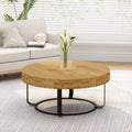 Modern Round Coffee Table Wooden Carving Pattern Coffee Table With Metal Legs For Living Room Reception Room Office ,Black Natural Black Pine