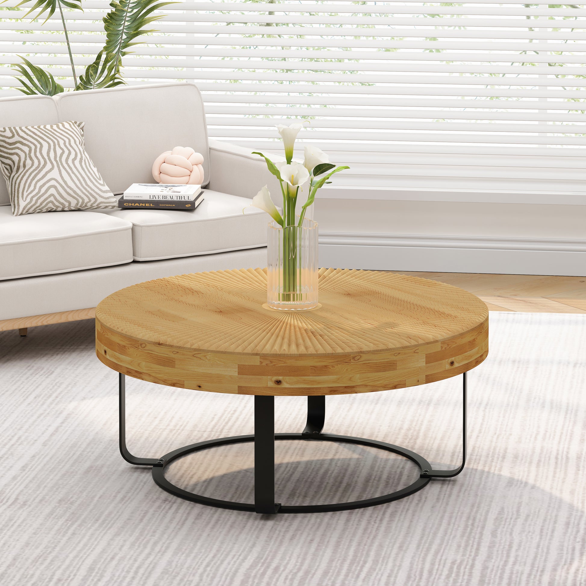 Modern Round Coffee Table Wooden Carving Pattern Coffee Table With Metal Legs For Living Room Reception Room Office ,Black Natural Black Pine