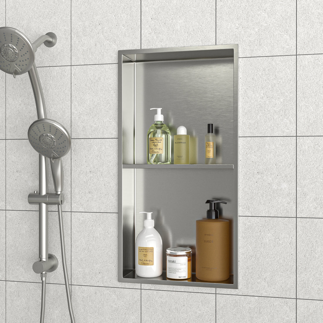 13" X 25" Stainless Steel Shower Niche Double Shelf, Brushed Nickel Brushed Nickel Stainless Steel