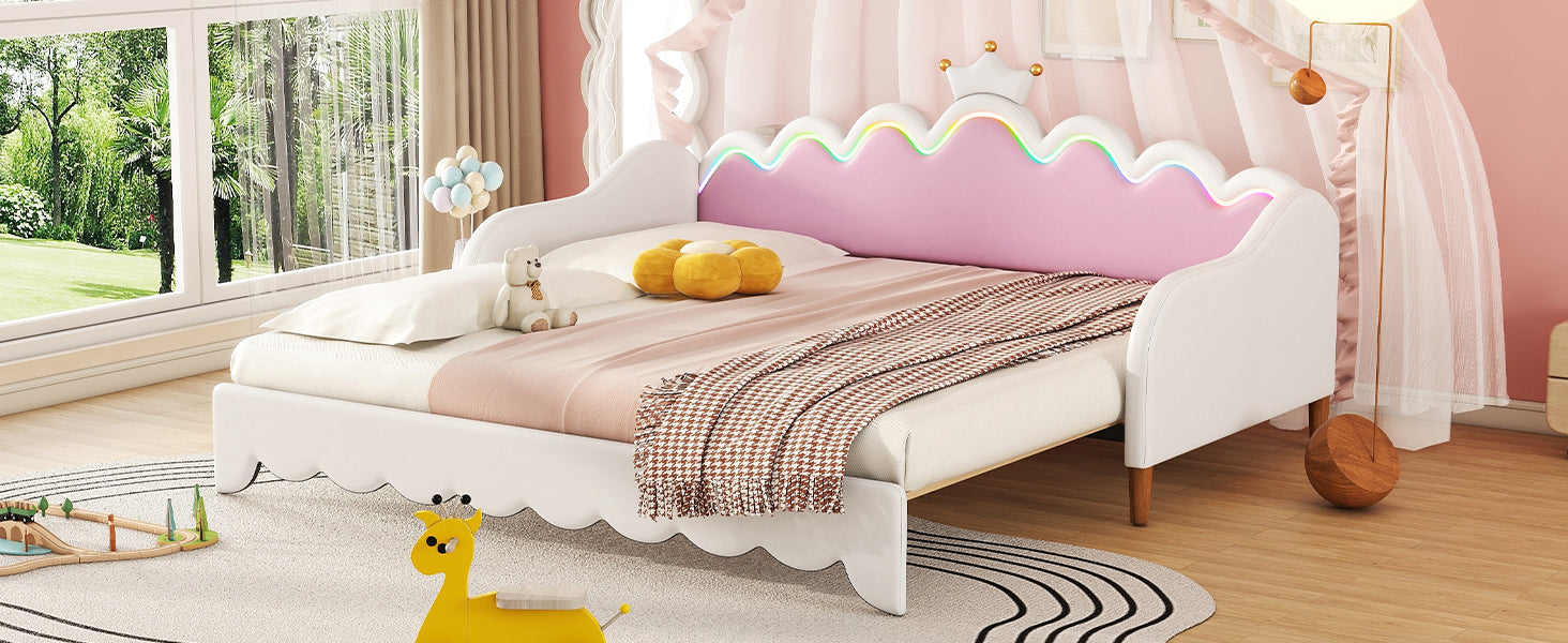 Twin Extending Daybed With Led Lights, Modern Upholstered Princess Daybed With Crown Headboard,White Twin White Wood