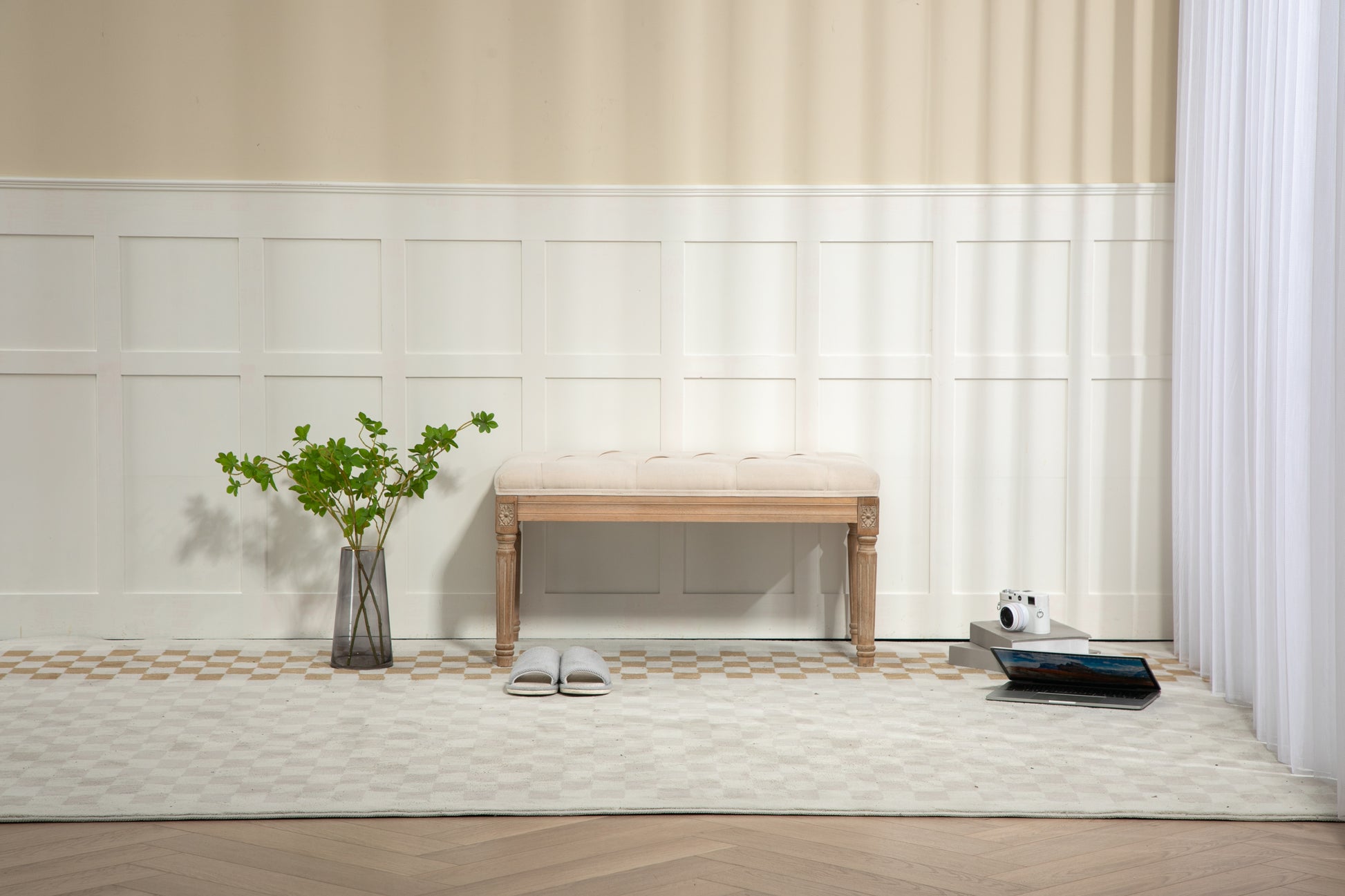 Traditional Rectangle Tufted Ottoman Bench In Beige Linen Look Fabric, For The Living Room And Bedroom Beige Rubber Wood